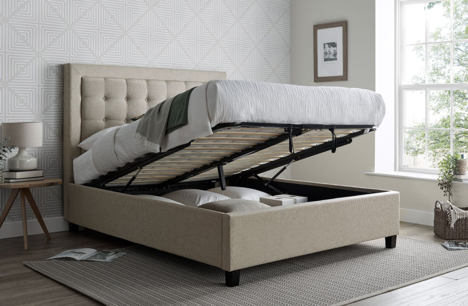 Brandon Fabric Ottoman Bed | Double | Beige