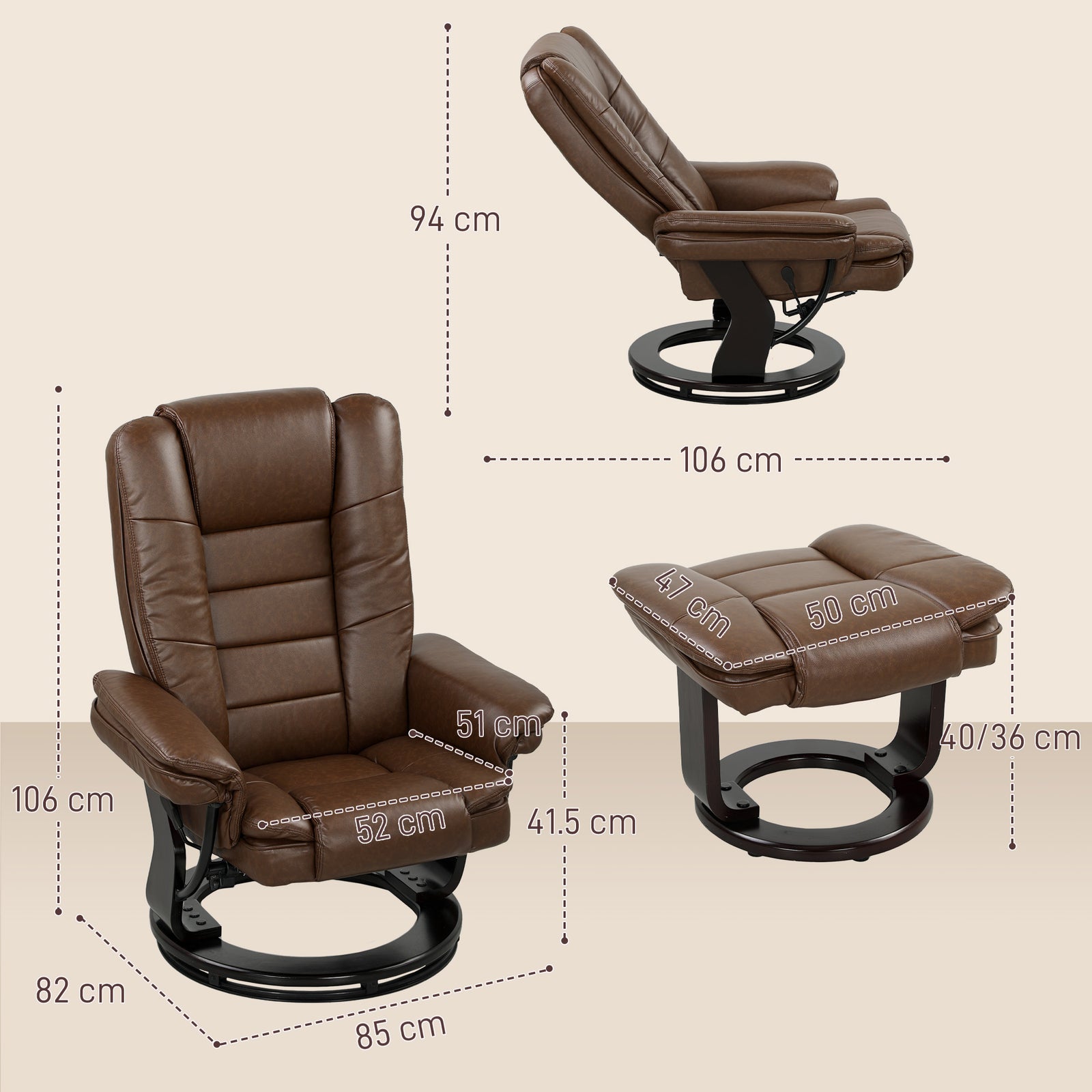 HOMCOM Swivel Manual Recliner And Footrest Set Pu Leather Chair Brown