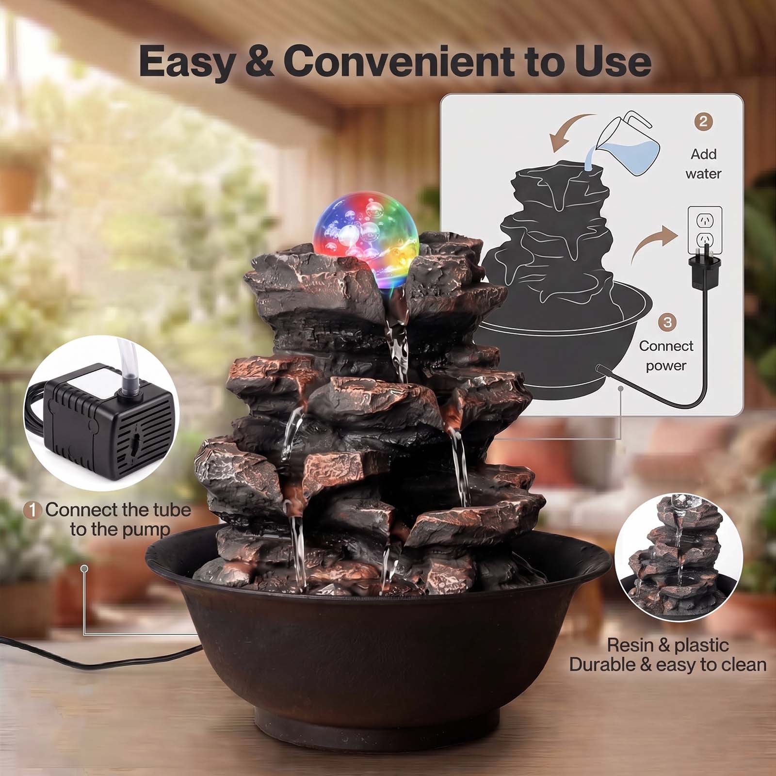Spector Water Fountain Tabletop Water Feature 3-speed Flow Resin Rock Brown