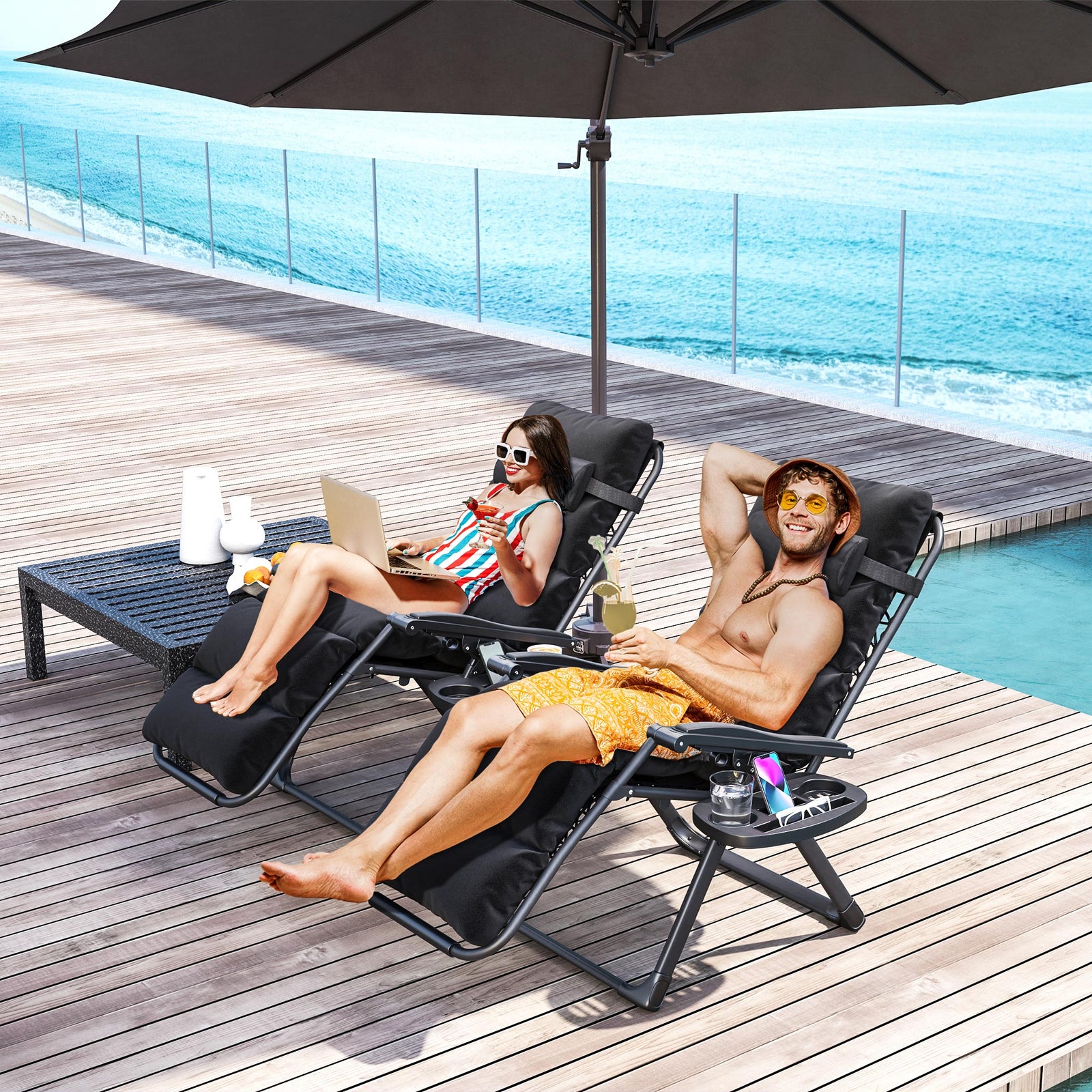 2 Pieces Zero Gravity Chairs, Reclining Folding Sun Lounger | Black