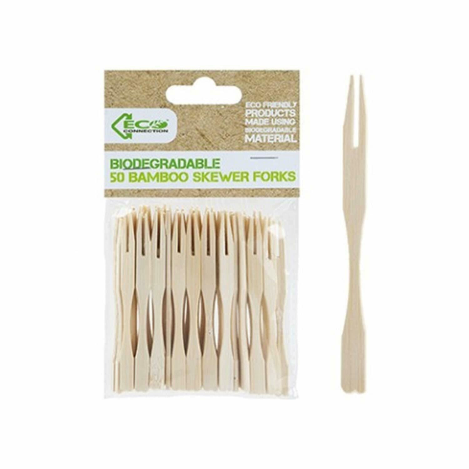 Eco Connection Pack Of 50 Disposable Natural Bamboo Skewer Forks