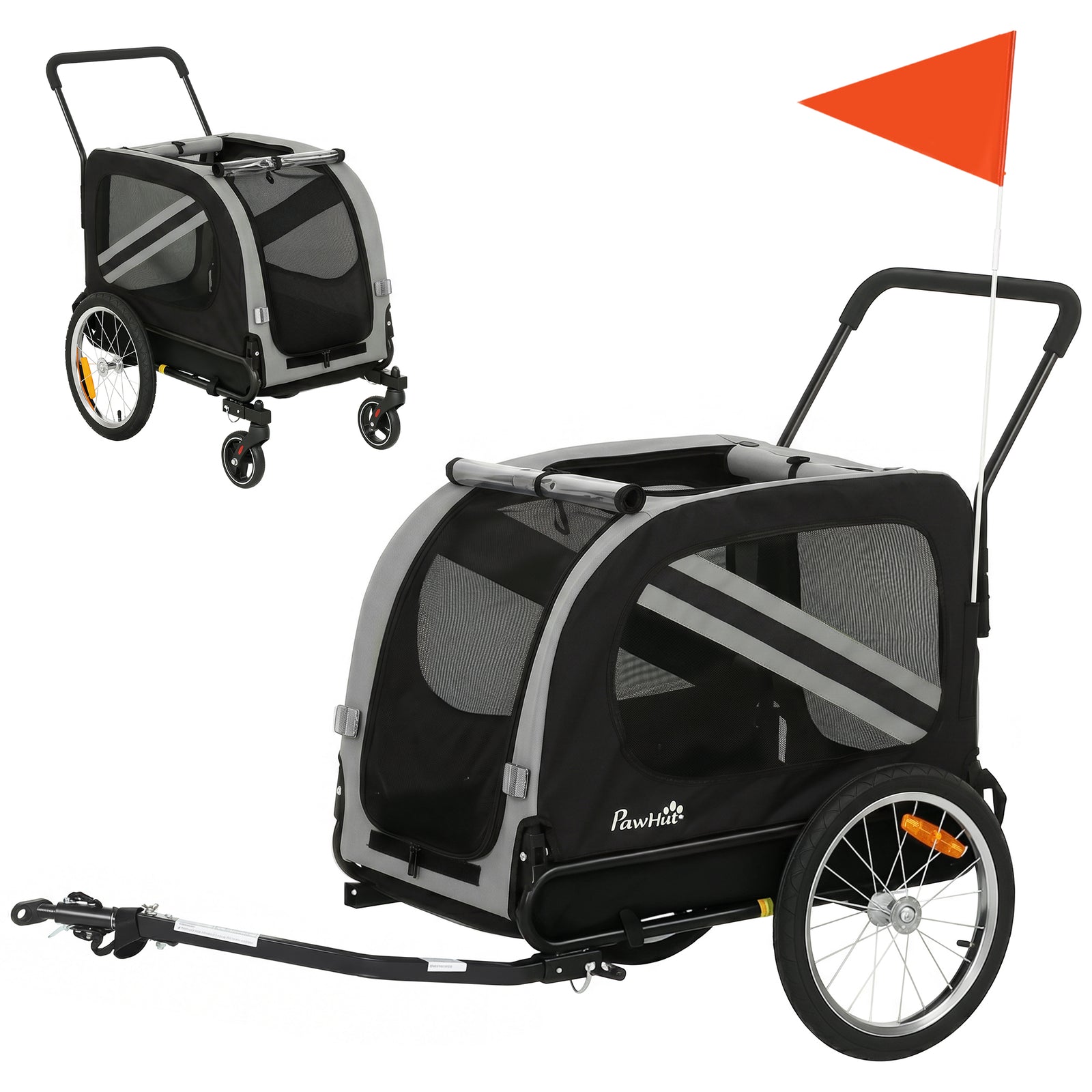 2-in-1 Dog Bike Trailer Stroller With Reflector Flag | Grey