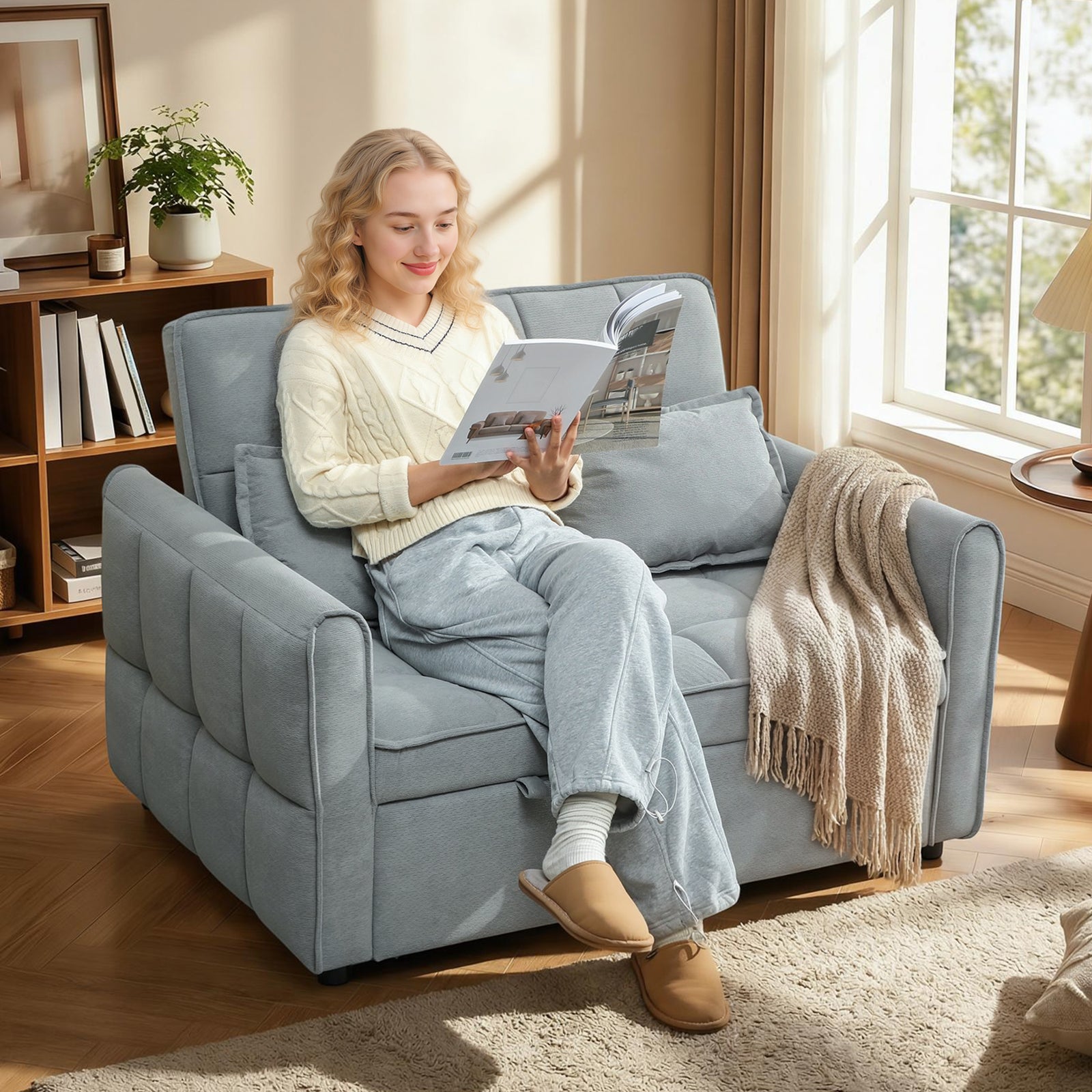 2 Seater Sofa Bed, 3-in-1 Sleeper Sofa With Adjustable Backrest | Grey