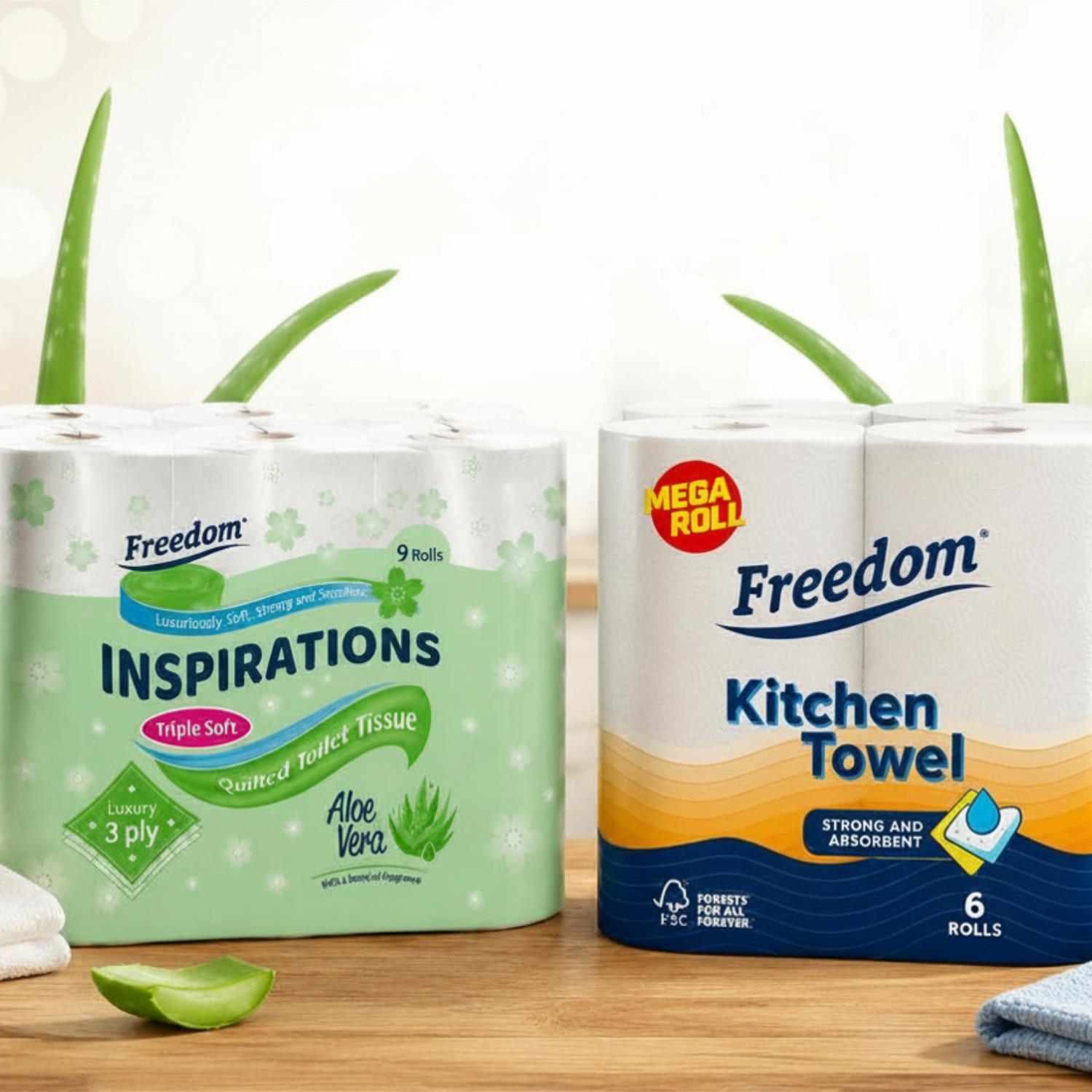 Freedom Aloe 3-ply Toilet Paper 45 Rolls + Rhino Jumbo Kitchen Towels 6 Rolls