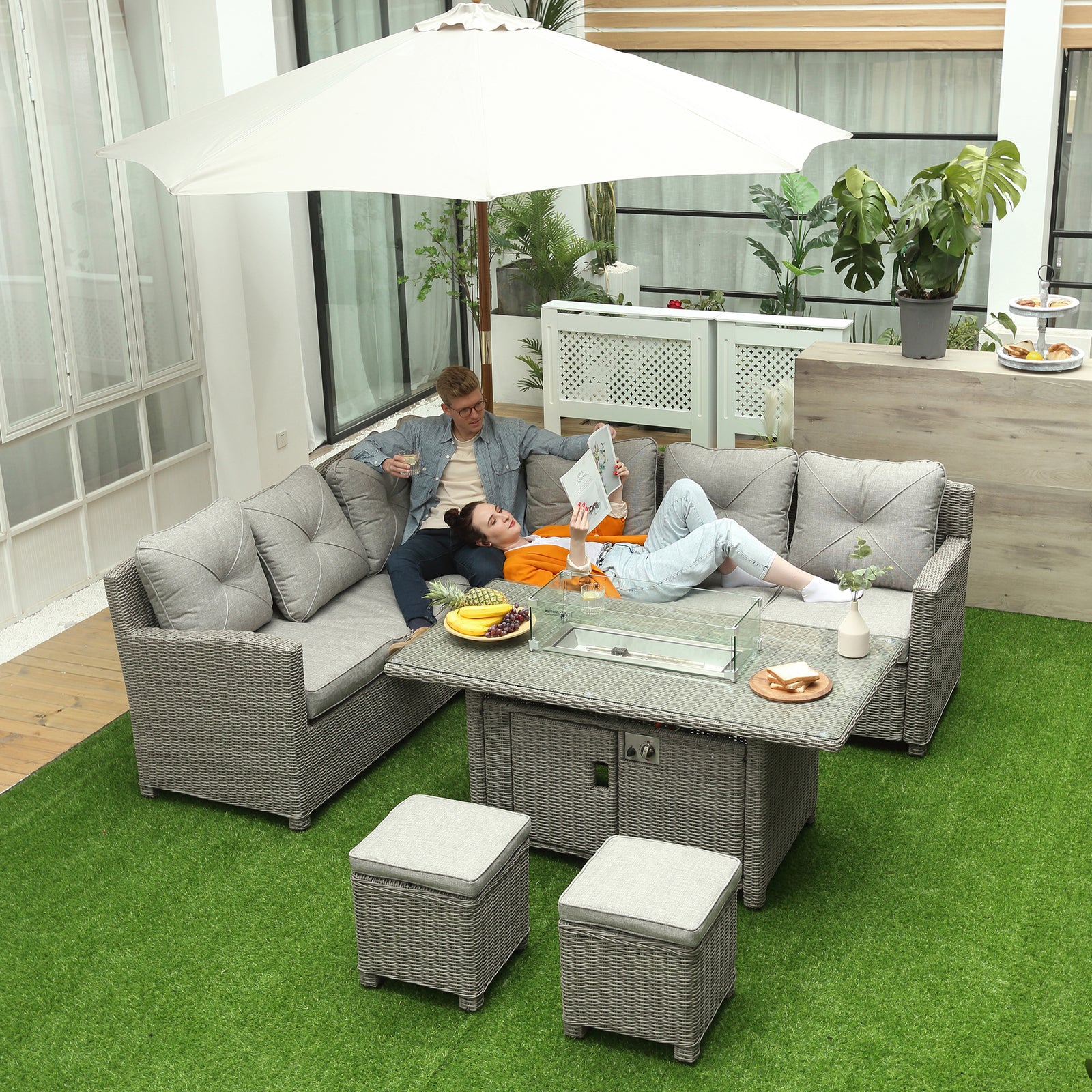 5 Pcs Rattan Corner Dining Set W/ Fire Pit Table