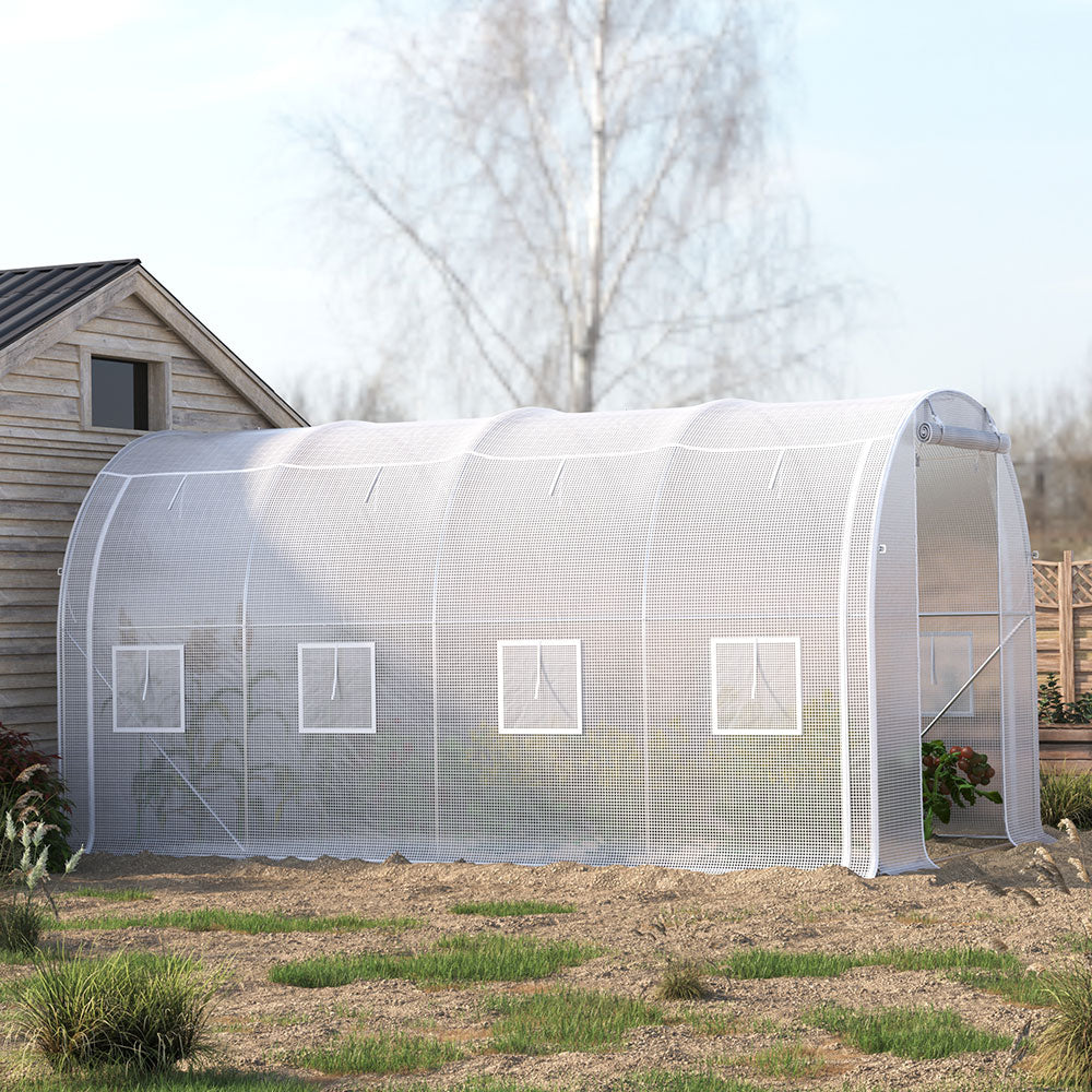 Outdoor Walk-in Tunnel Greenhouse With Heavy Duty Steel Frame & Roll-up Door | 4 x 3 x 2m | White