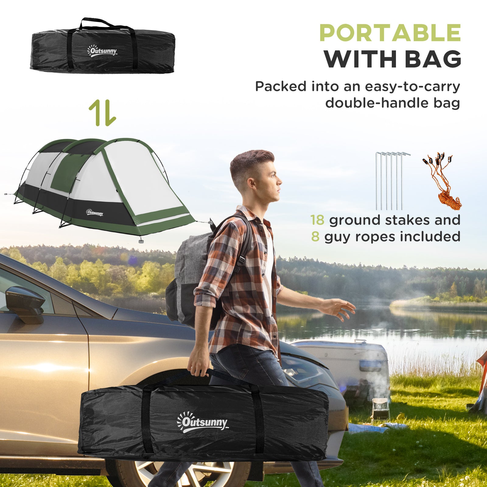 Tunnel Tent With Bedroom, Living Room And Porch For 3-4 Man | Green