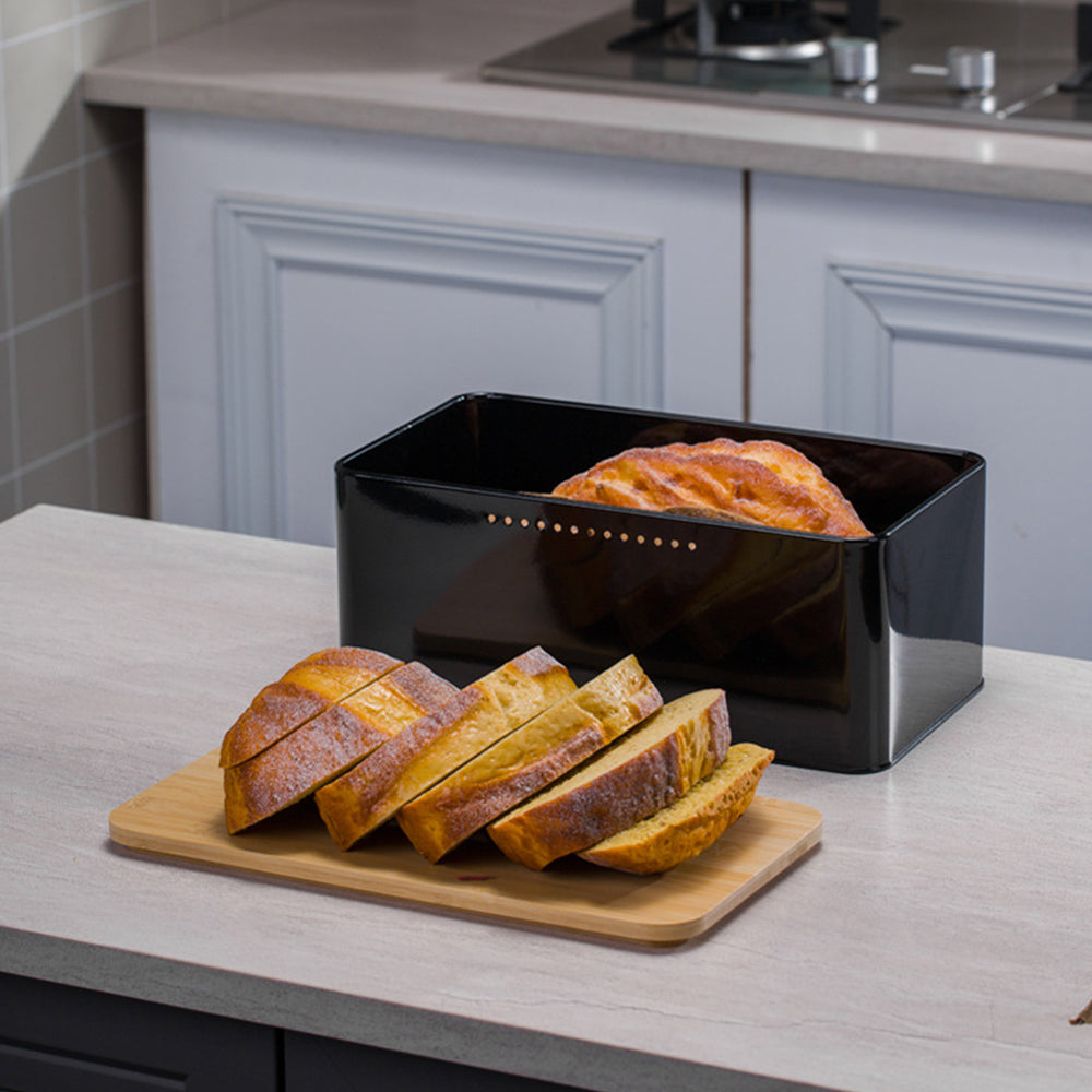 Metal Bread Box With Reversible Bamboo Lid For Kitchen Countertop