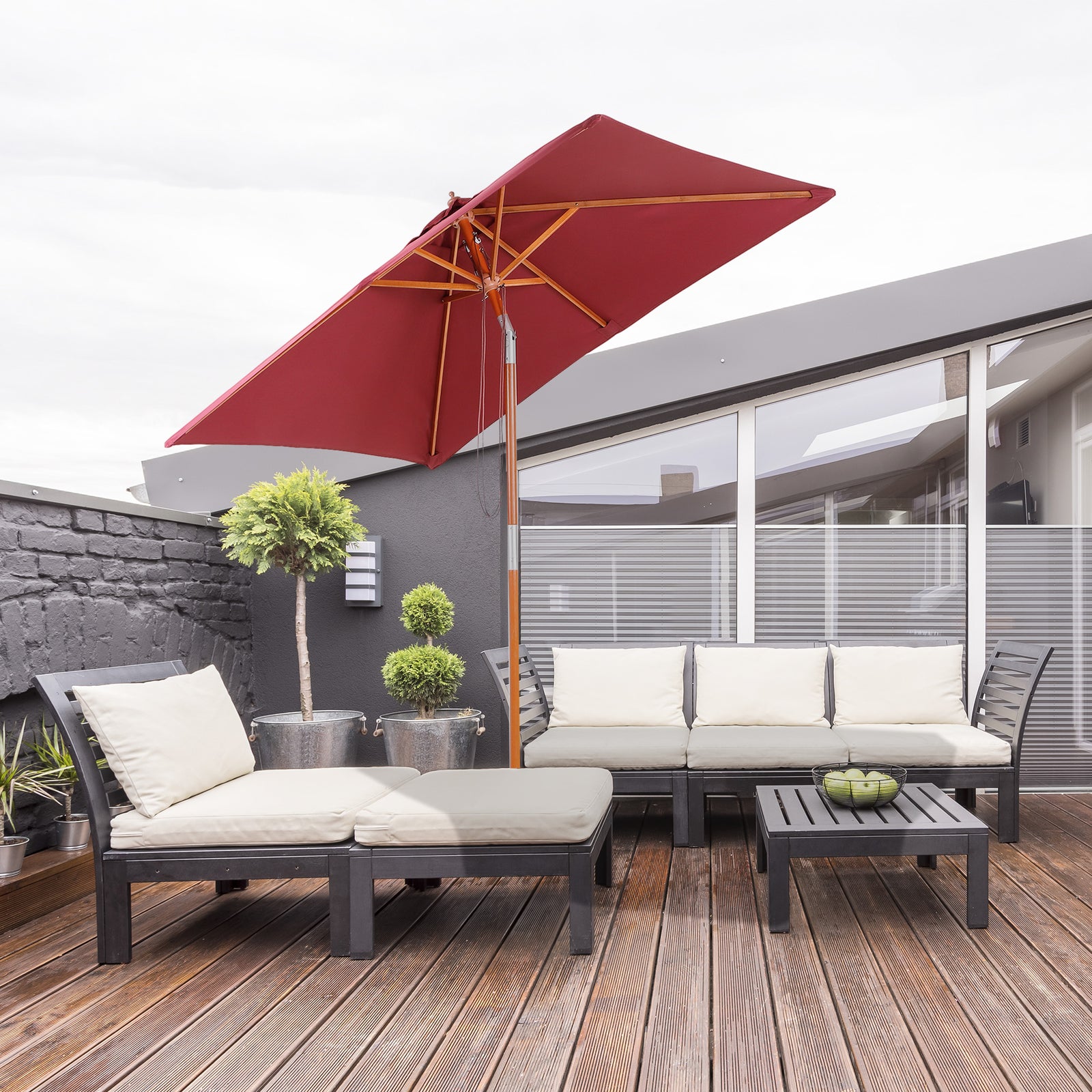 2x1.5m Wooden Patio Umbrella Parasol | Red