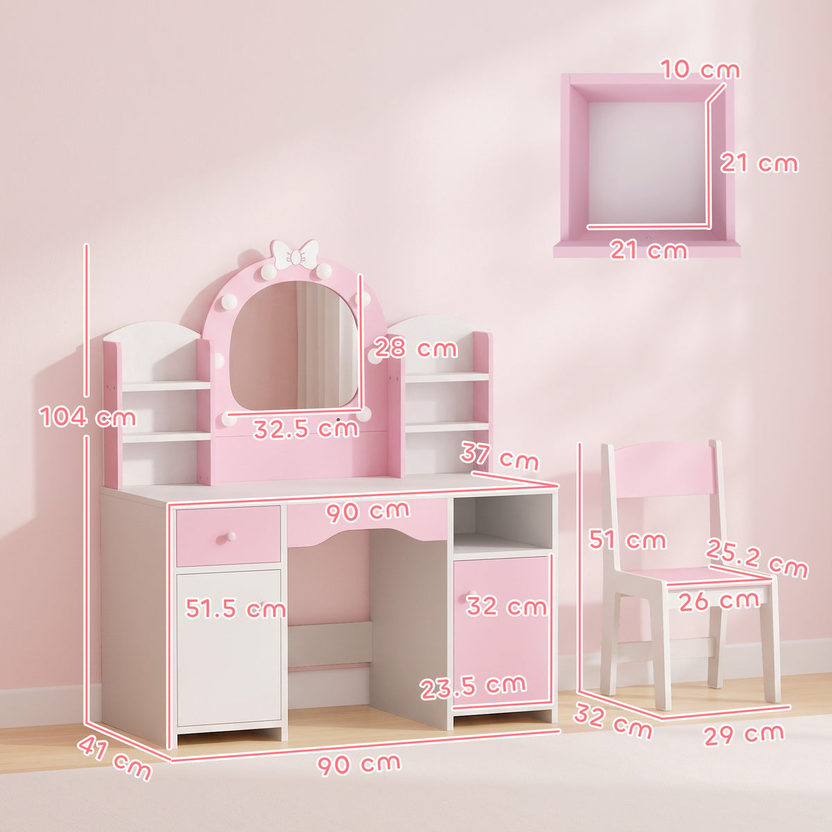 AIYAPLAY Kids Dressing Table With Stool, Lighted Mirror, Pink