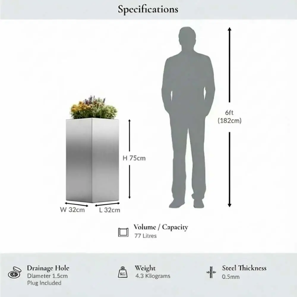 Zinc Galvanised Tall Square Planter | 32cm x 32cm x 75cm | Silver