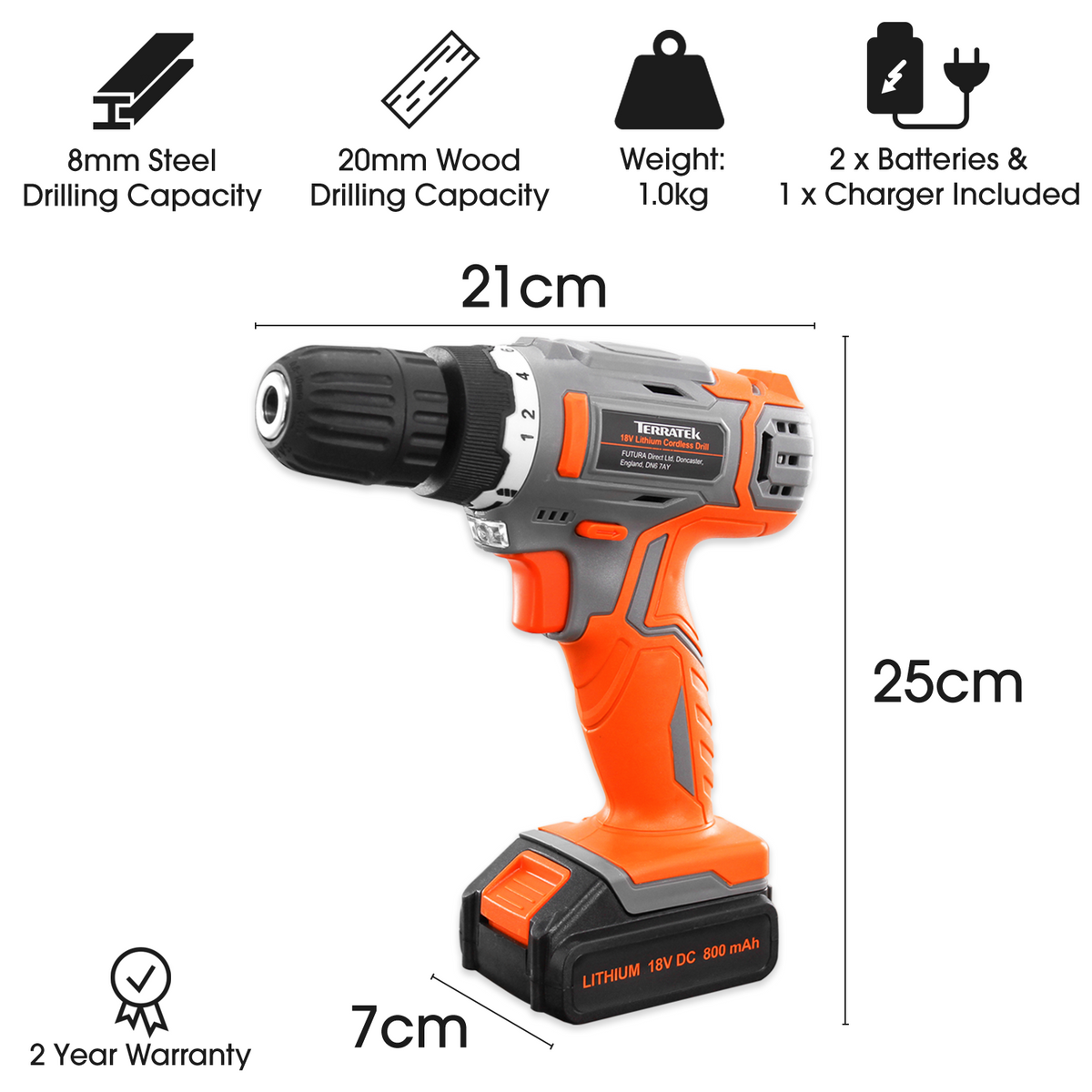 18v Cordless Drill And Screwdriver Set & Drill Bit Kit Li-ion Battery Included, Lightweight Power Battery Drill | 13 Piece Kit – 2x 18V Batteries + Charger | Orange