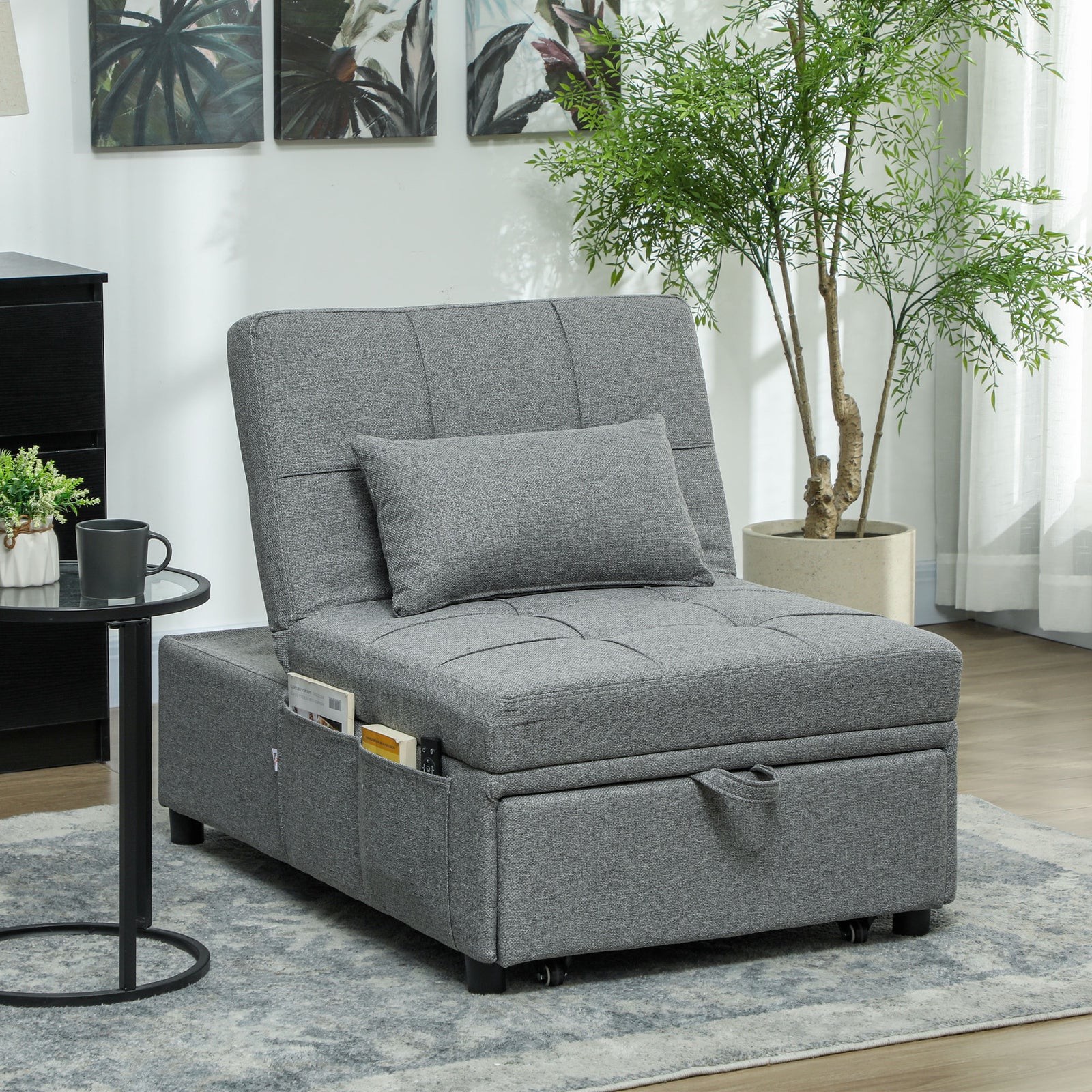 4-in-1 Pull Out Sleeper Chair Bed With Pockets | Grey
