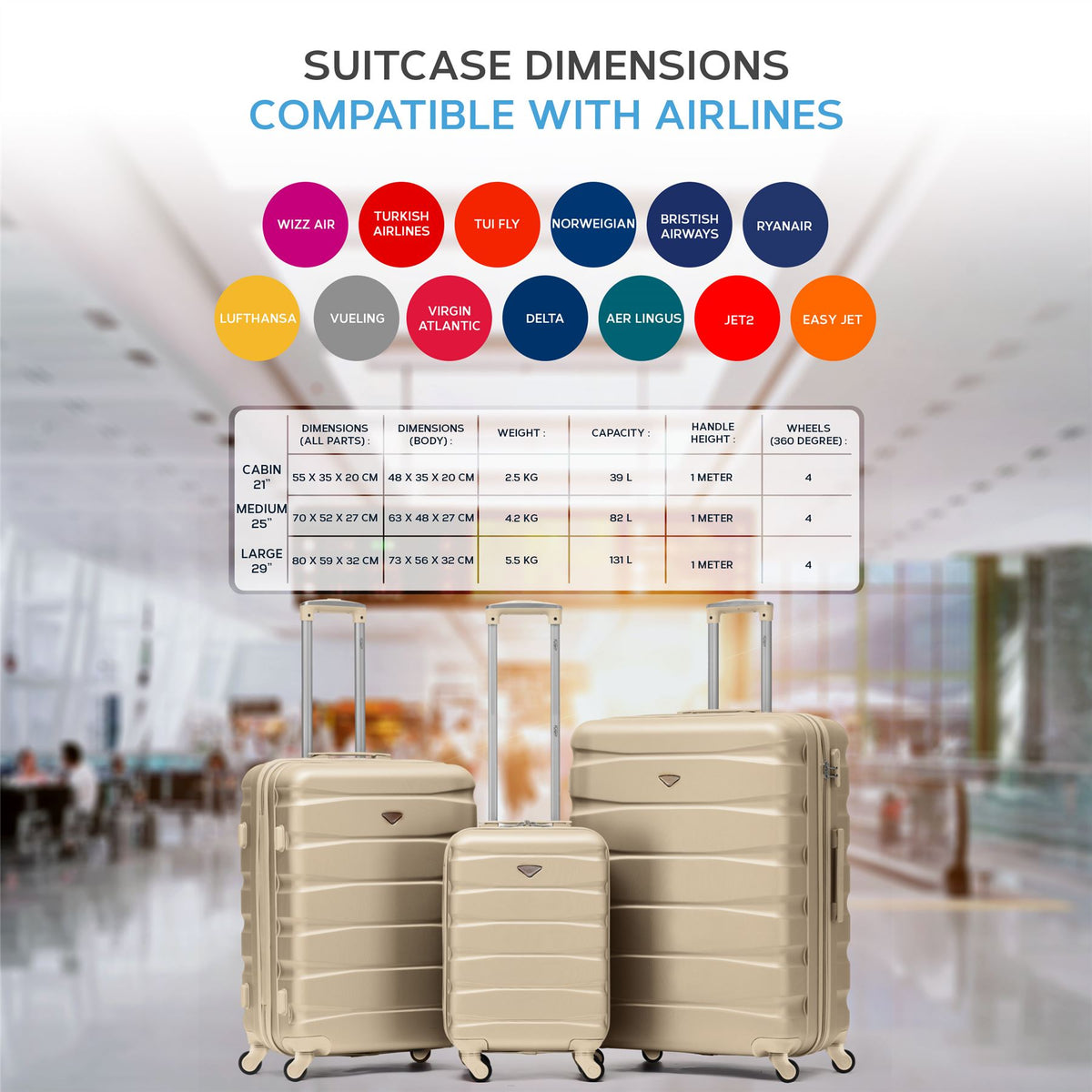 Set Of 3 Hard Shell Suitcase Cabin & Check In Cases With Tsa Lock - Overhead Cabin With Medium & Large Check-in Bag | Set of 3 | Champagne