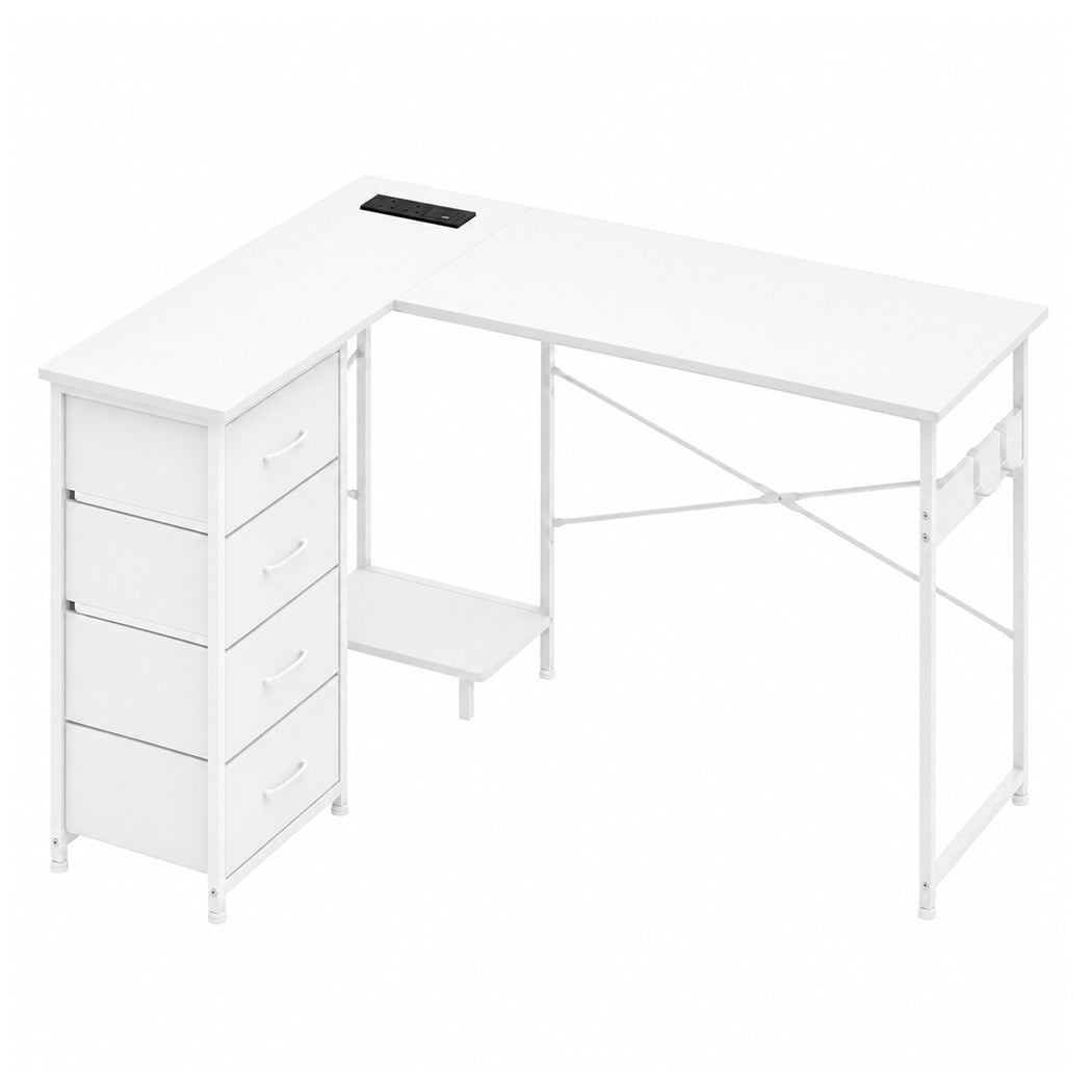 Corner Desk L Shaped With Drawers Power Outlet Office Gaming Wood White | White