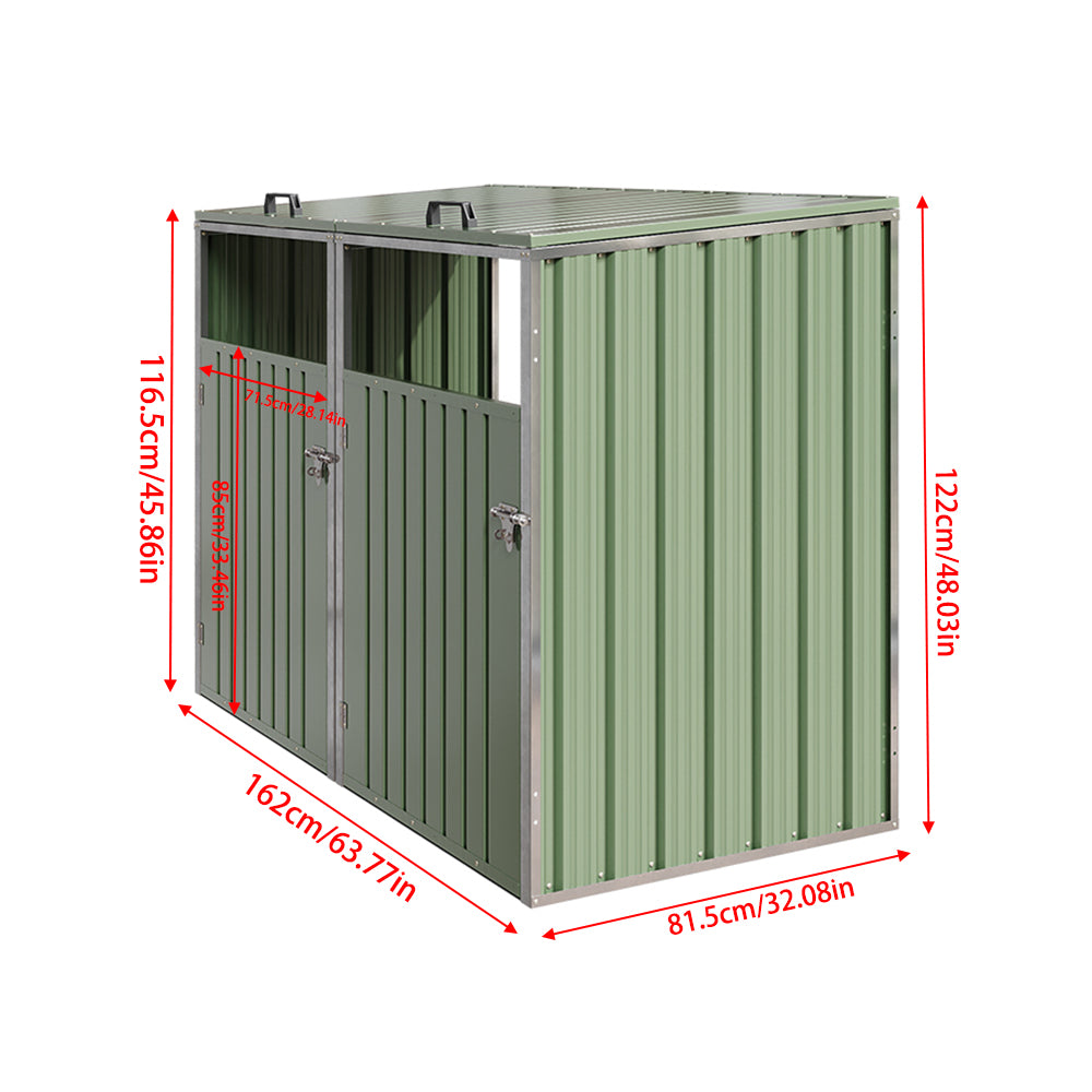 2 Bin Storage Shed – Heavy-duty Galvanized Steel Outdoor Bin Store With Lift-up Lids & Lockable Doors | Light Green