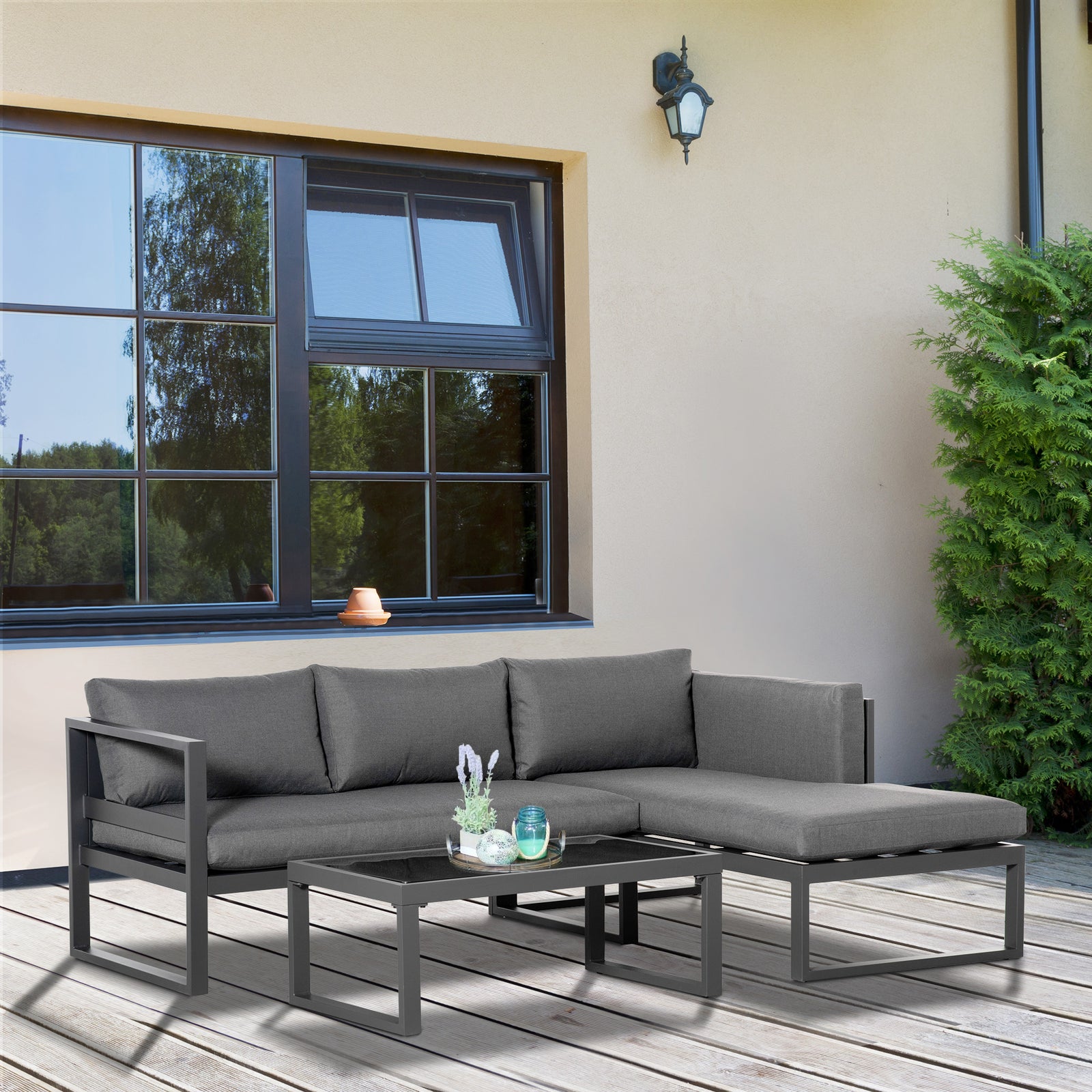 Outsunny 3 Pcs L-shape Aluminium Garden Sofa Set, Grey
