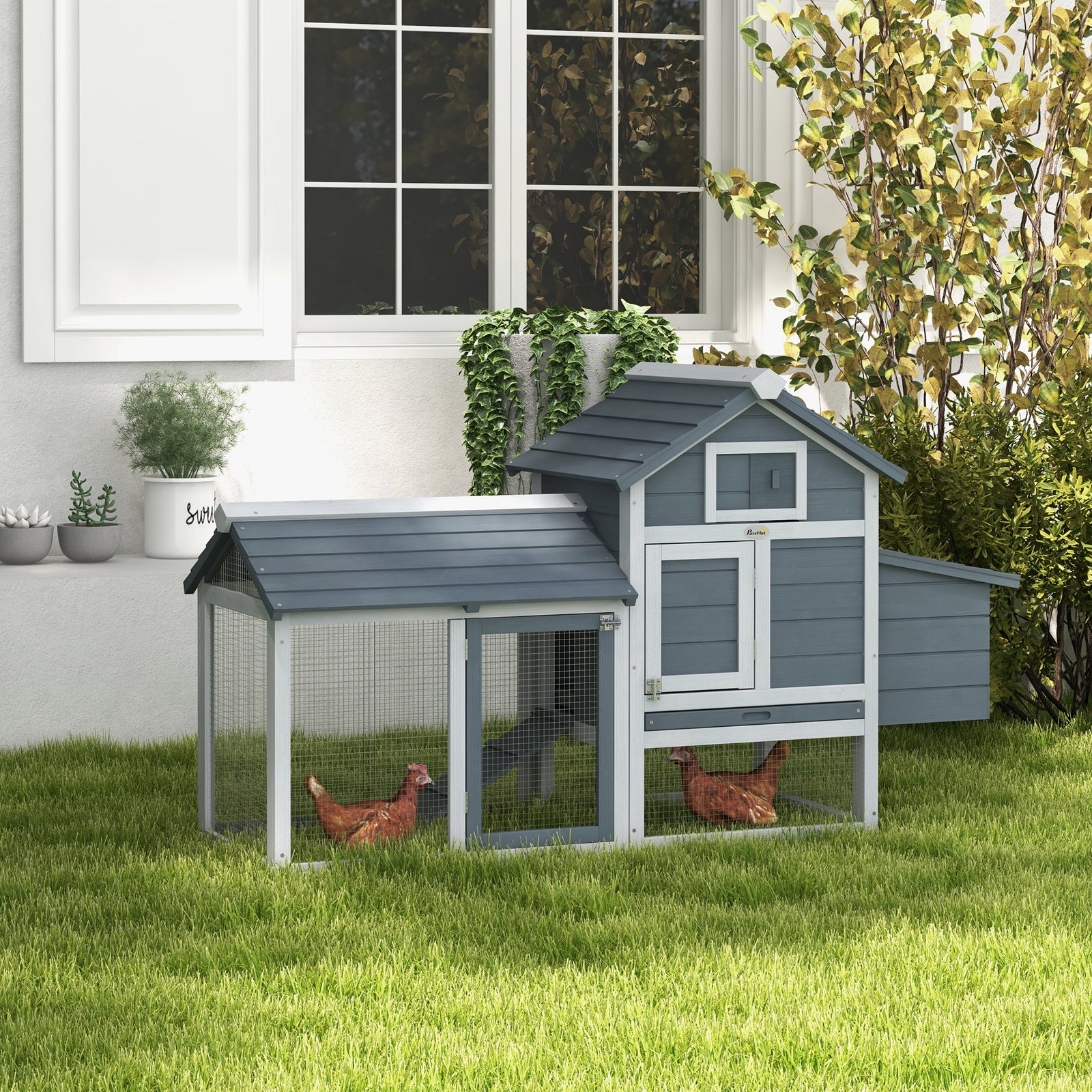 Pawhut Chicken Coop Hen Cage Small Animal Hutch Nesting Box Outdoor Run | Gray
