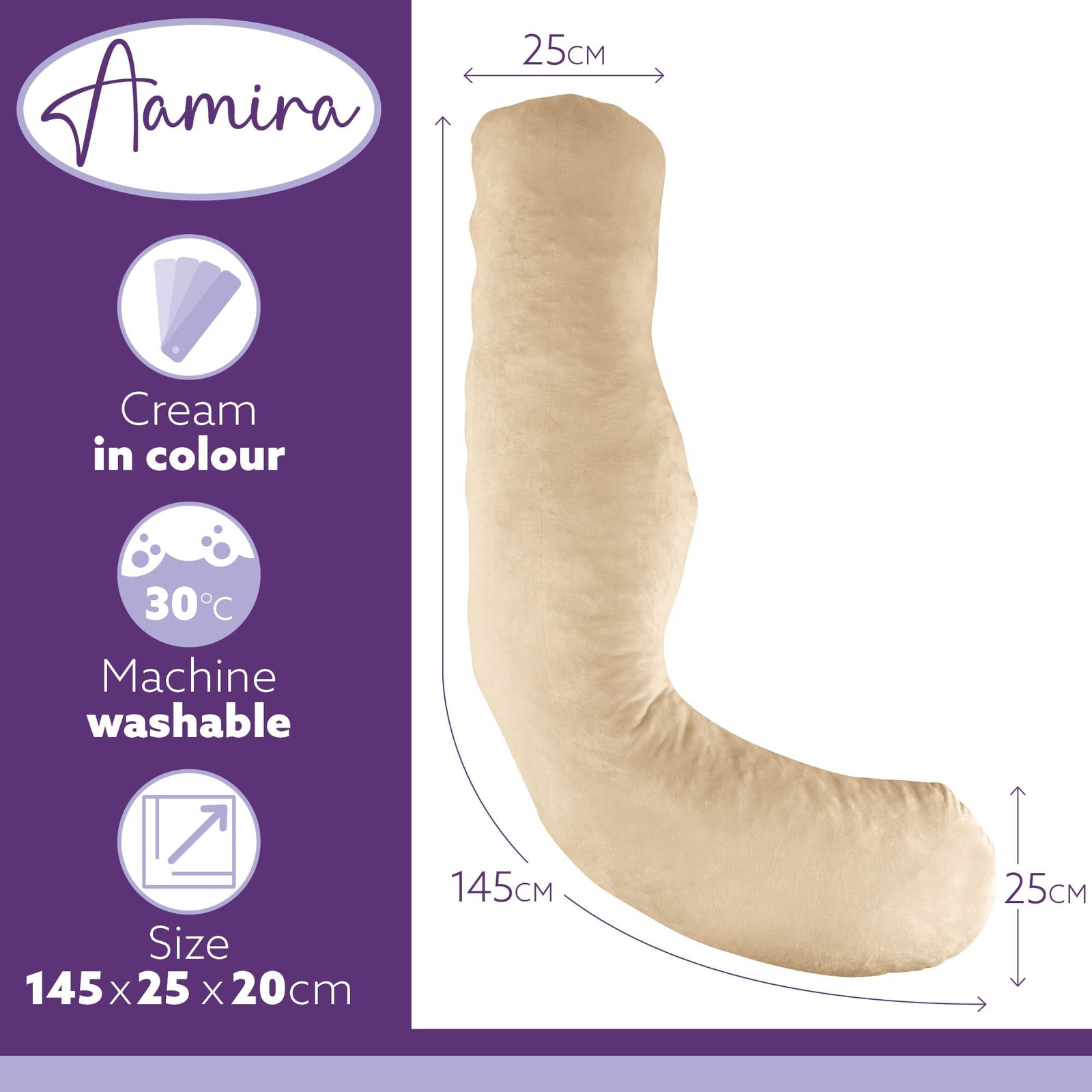 L Shaped Pregnancy Pillow, 145x25x20cm Shredded Memory Foam Full Body Maternity Cushion For Sleeping | J Shape | Cream