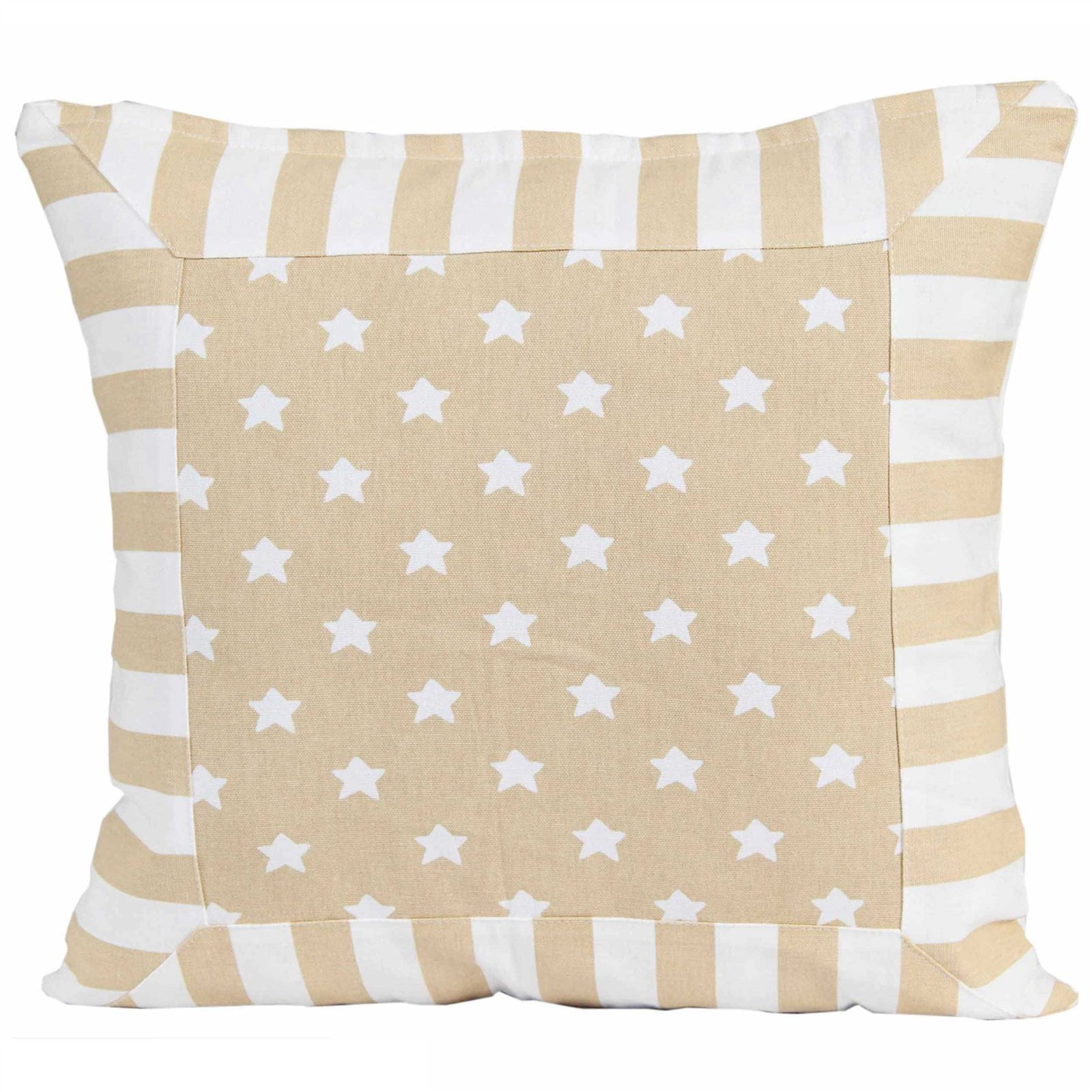 Cotton Stripe Border And Stars Cushion Cover | 45cm x 45cm | Beige