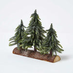 HOMESCAPES Set Of 3 Frosted Xmas Trees On Firwood Log Base, 27 X 27 Cm