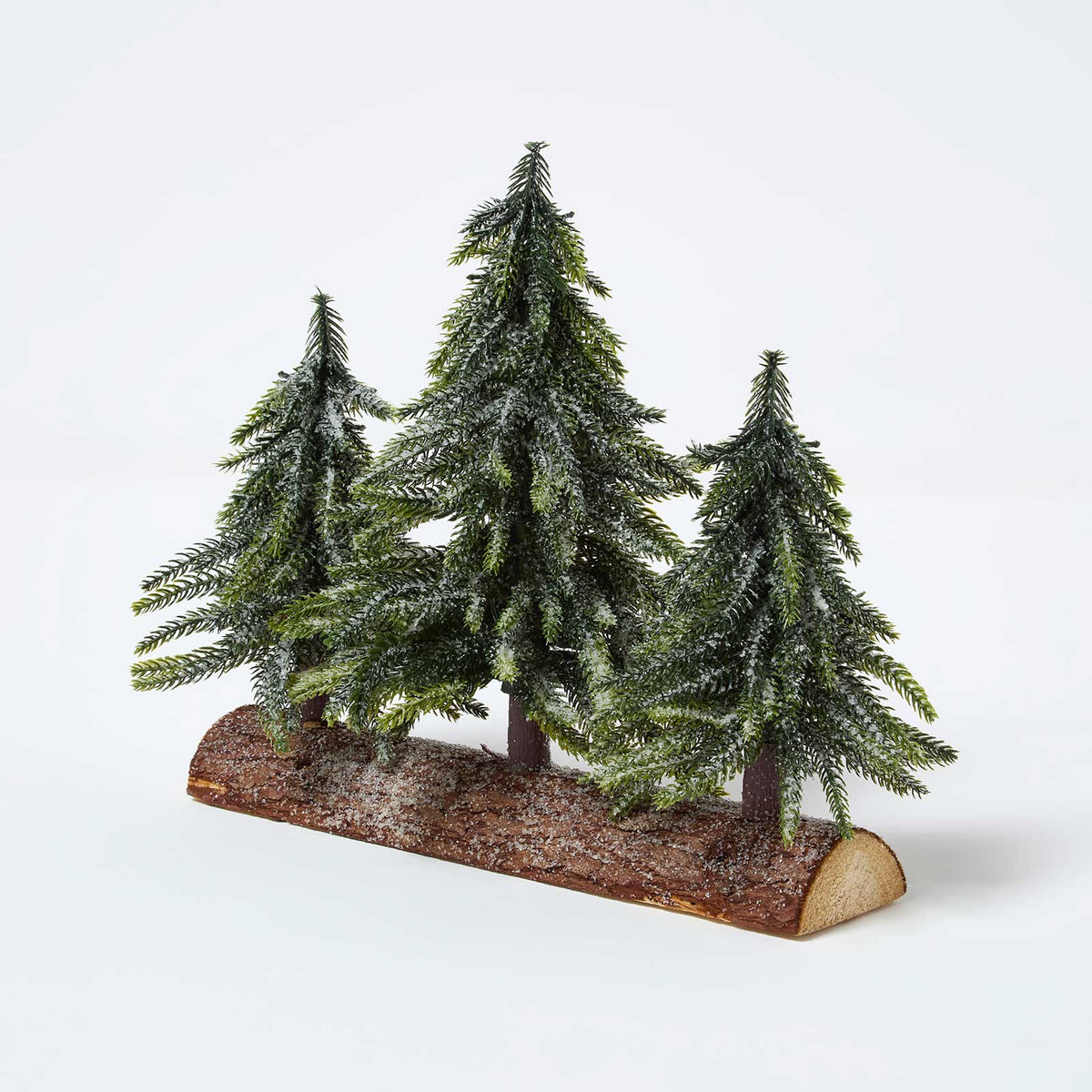 HOMESCAPES Set Of 3 Frosted Xmas Trees On Firwood Log Base, 27 X 27 Cm