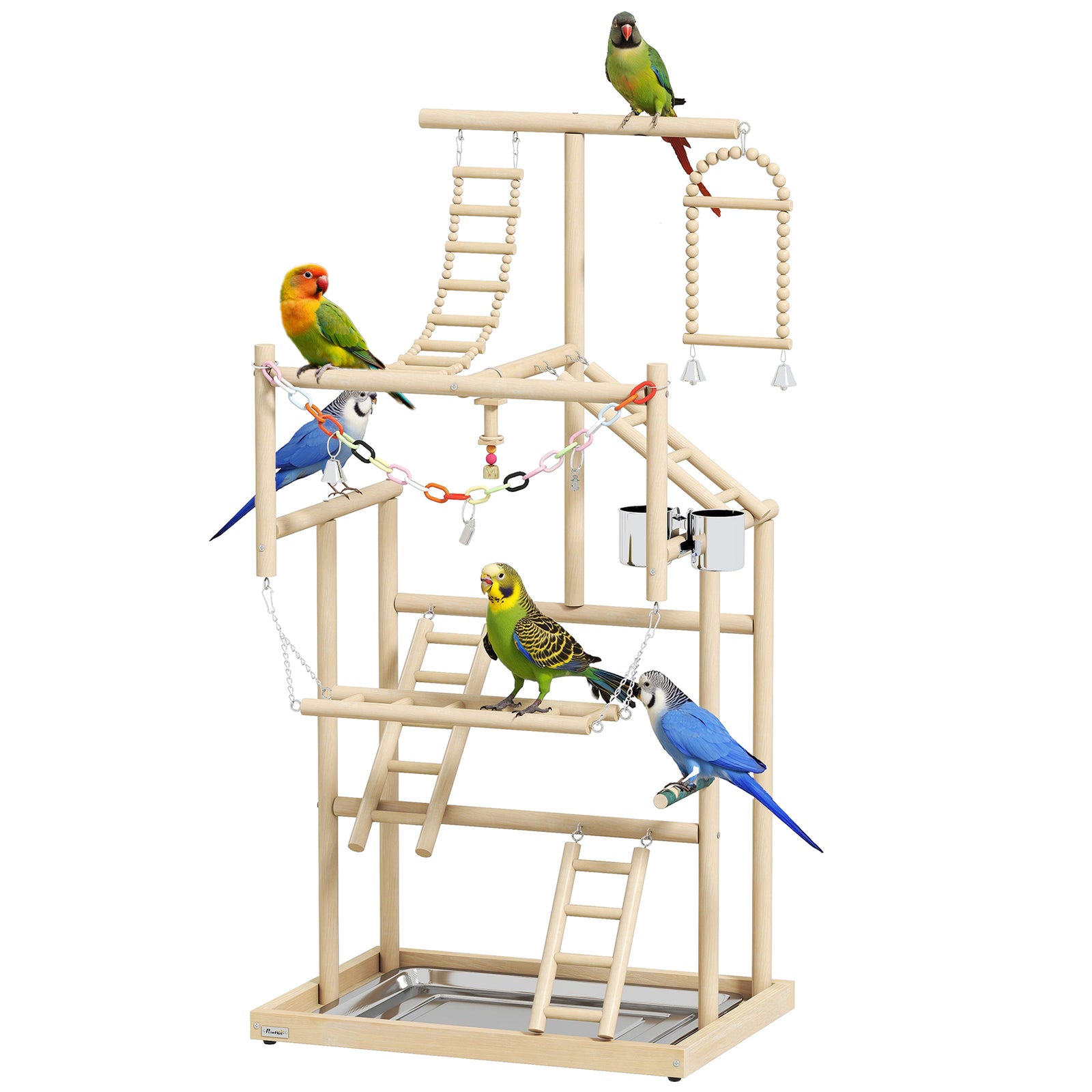 PawHut Wooden Bird Playground With Ladders, Chain Toy, Steel Cups And Tray