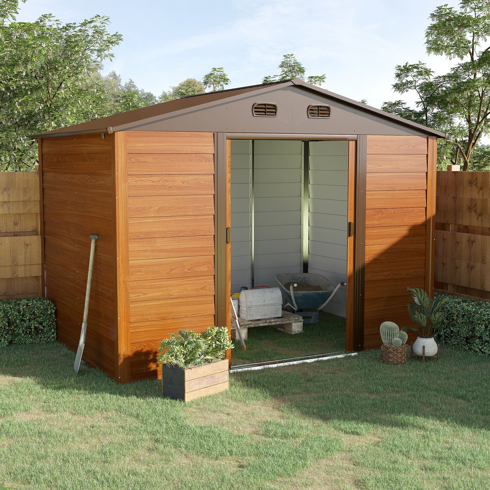 Garden Shed Wood Effect Tool Storage Sliding Door Wood Grain | Large | Brown