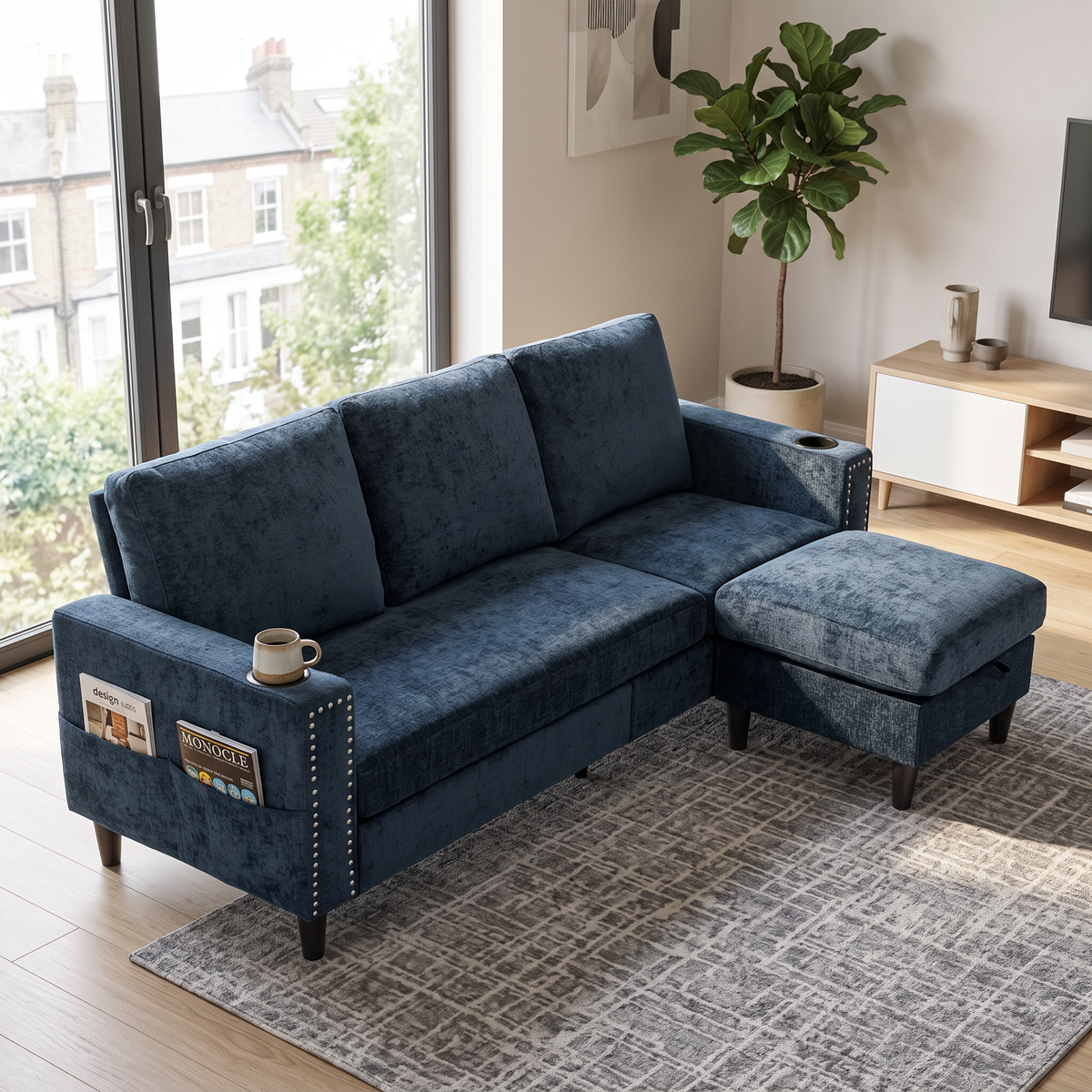 Chenille Upholstered L-shaped 3-seater Sectional Sofa With Ottoman | Blue