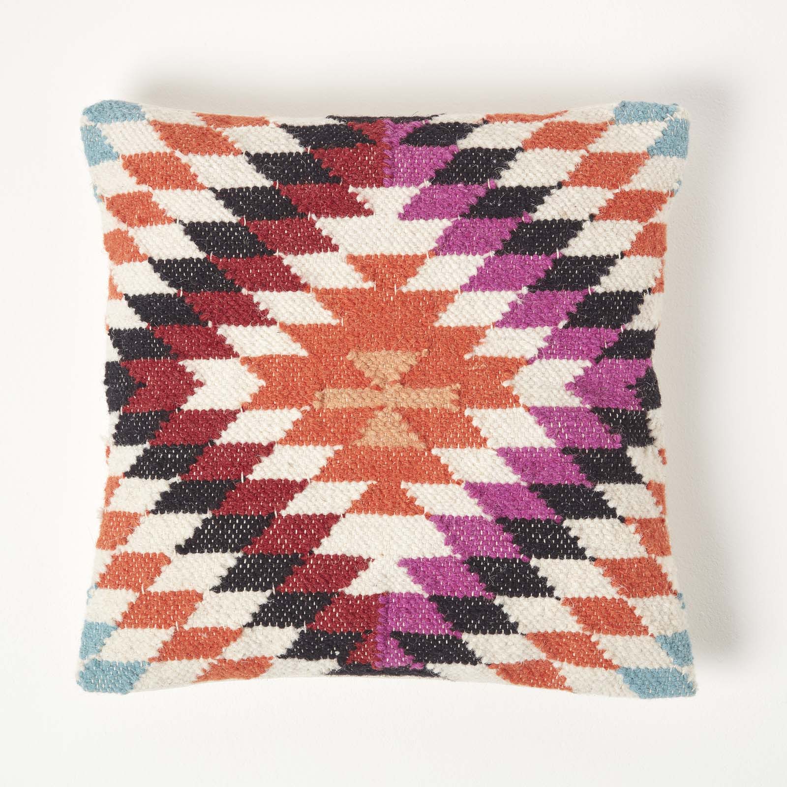 Handwoven Kilim Cushion With Feather Filling | 45cm x 45cm | Pink & White