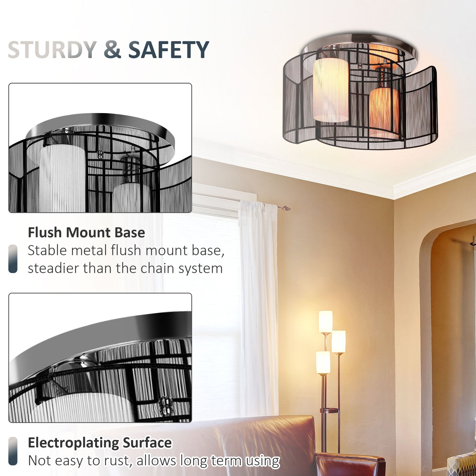 Flush Mount Ceiling Light W/ Wire Drawing Lampshade Chrome