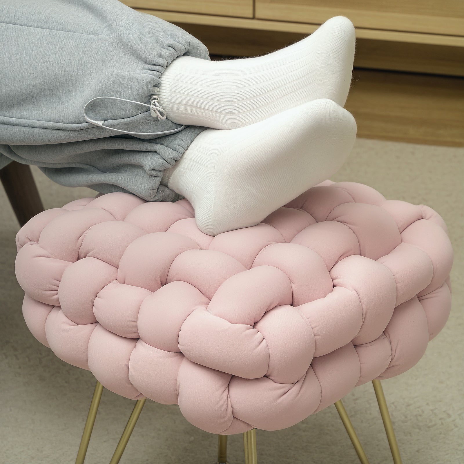 Woven Velvet Foot Stool With Steel Legs For Living Room | One Size | Pink