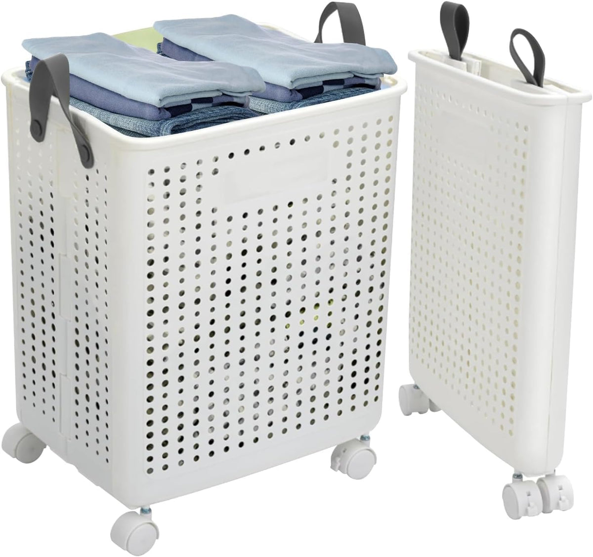 Foldable Laundry Basket 42l Large Heavy Duty Laundry Hamper On Wheels Fold Away | White