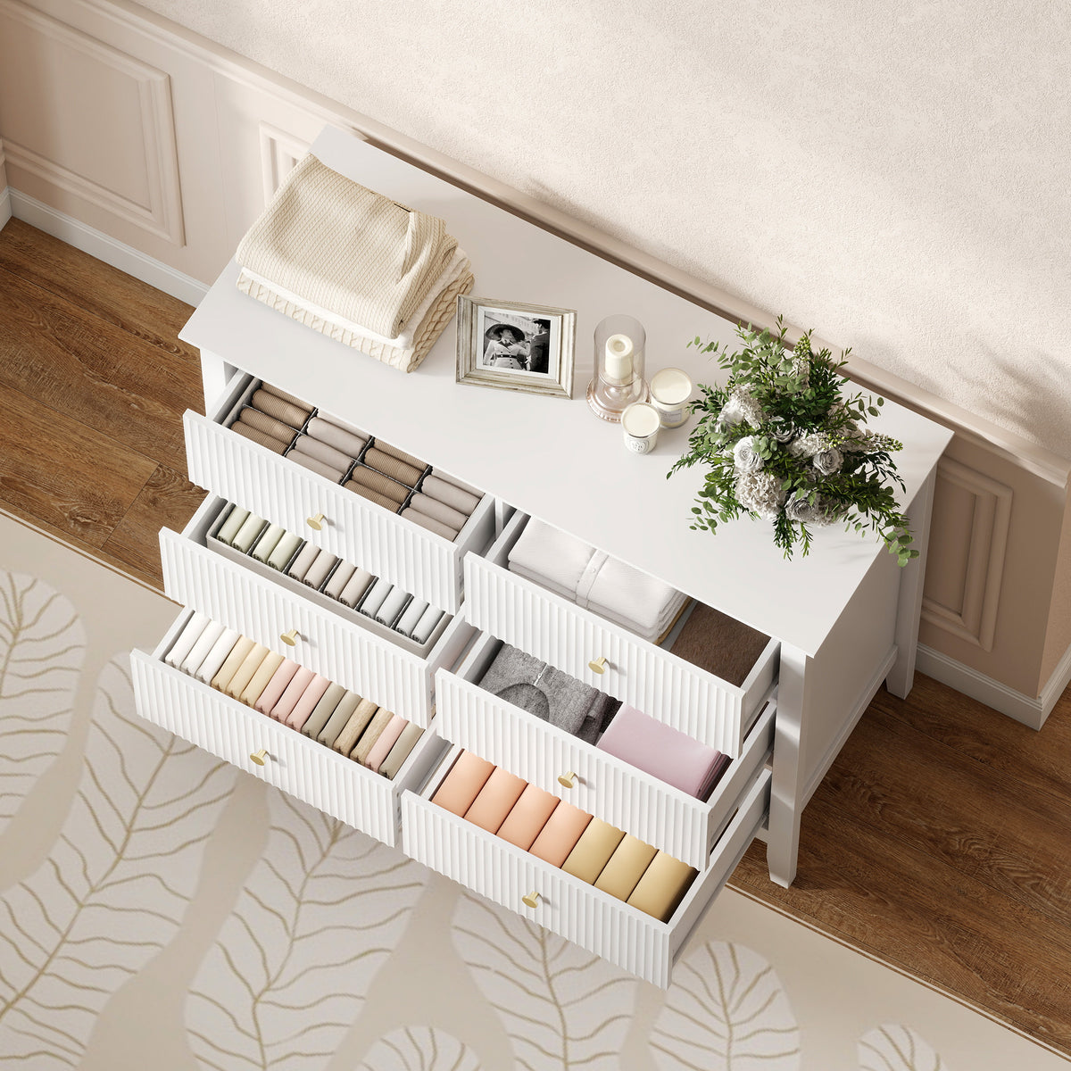 HOMCOM Fluted Chest Of Drawers 6 Drawer Dresser For Bedroom Hallway