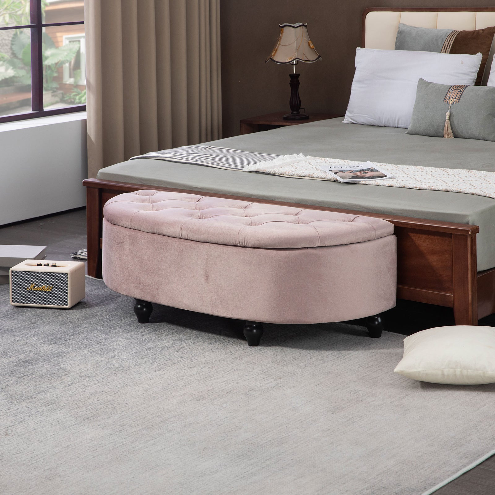 Semi-circle Bed End Bench Ottoman With Storage | Pink