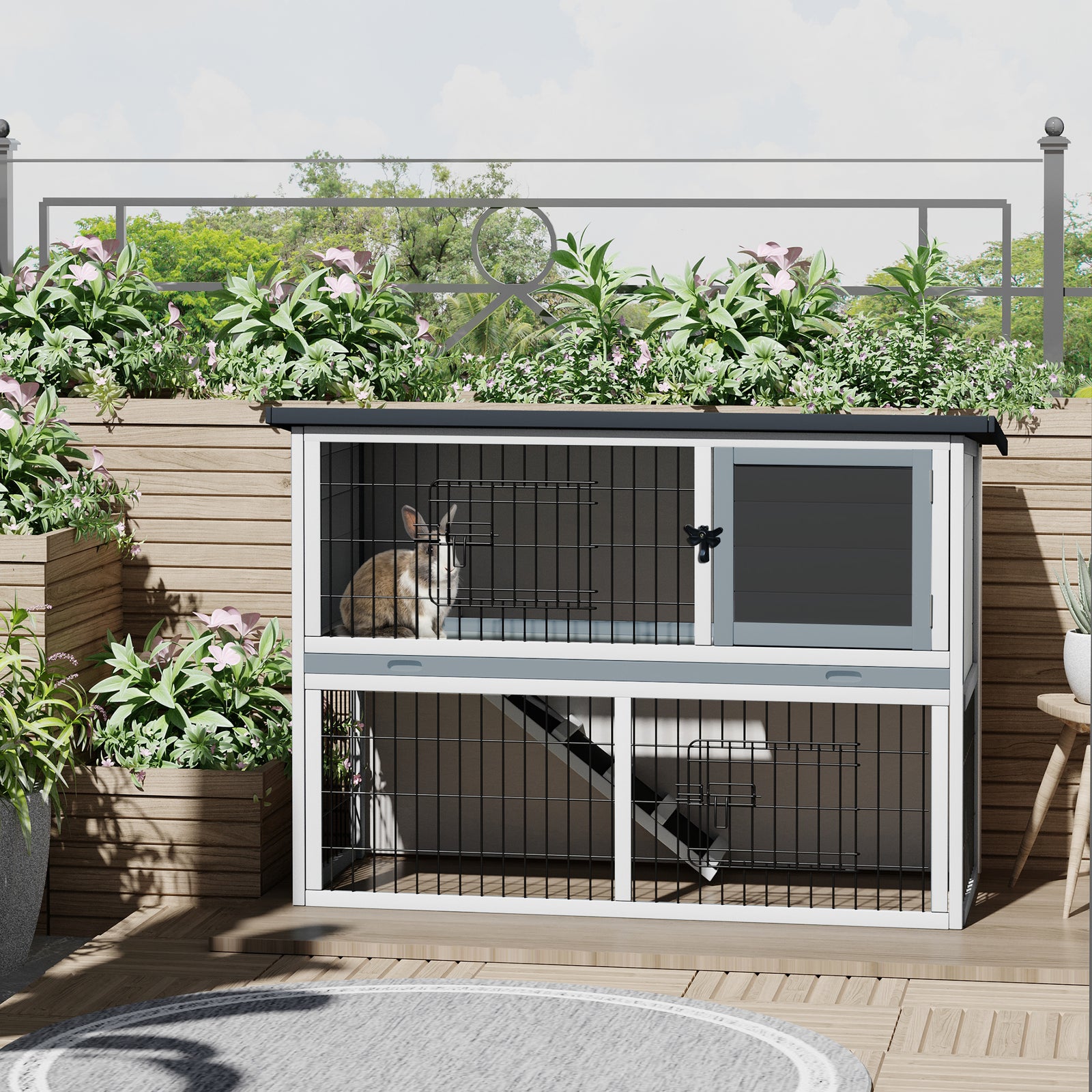 Rabbit Hutch W/ Removable Tray Openable Top For Indoors & Outdoors Grey
