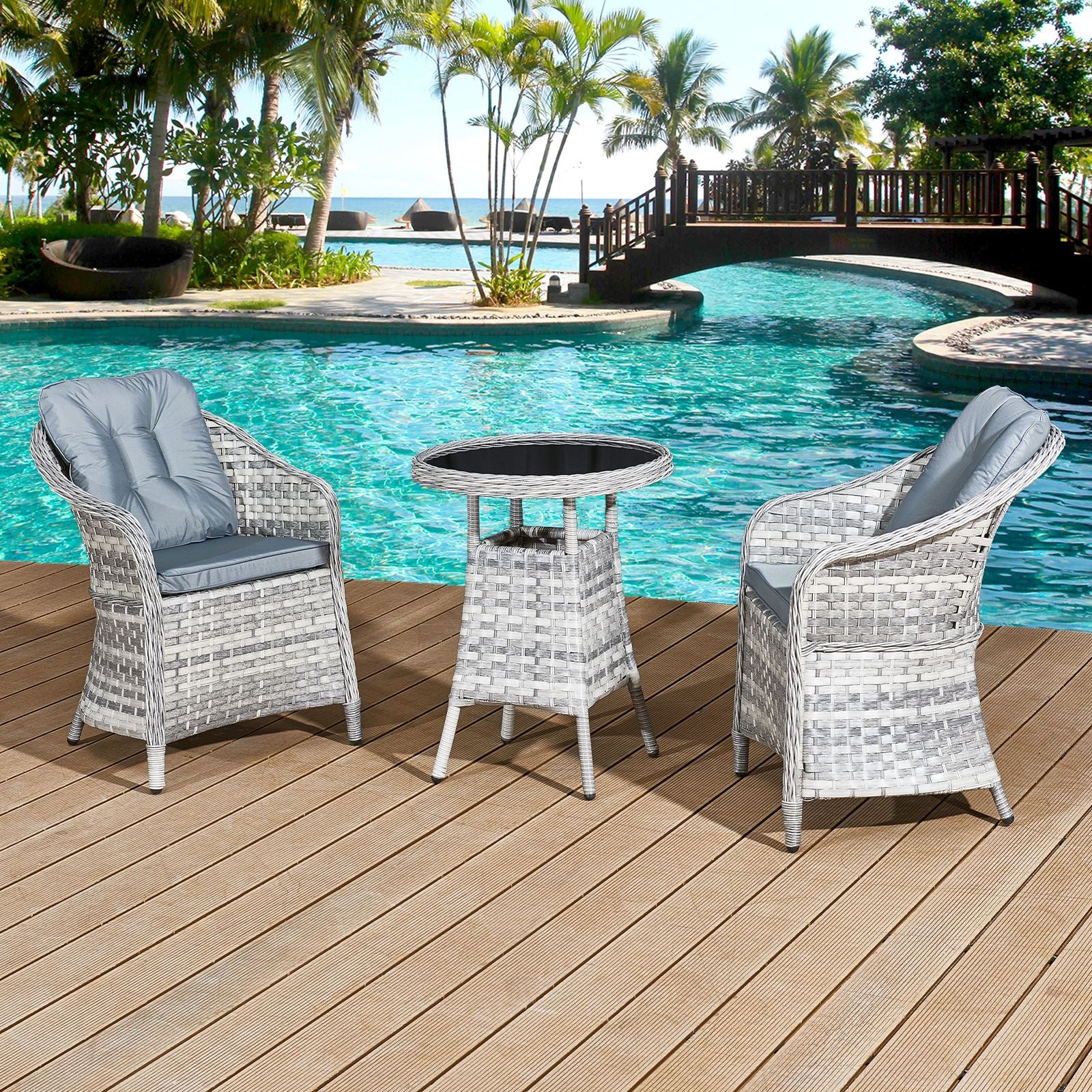 Sicilia Rattan 2 Seat Bistro Set In Dove Grey With Black Glass | 2 Seat | Dove Grey