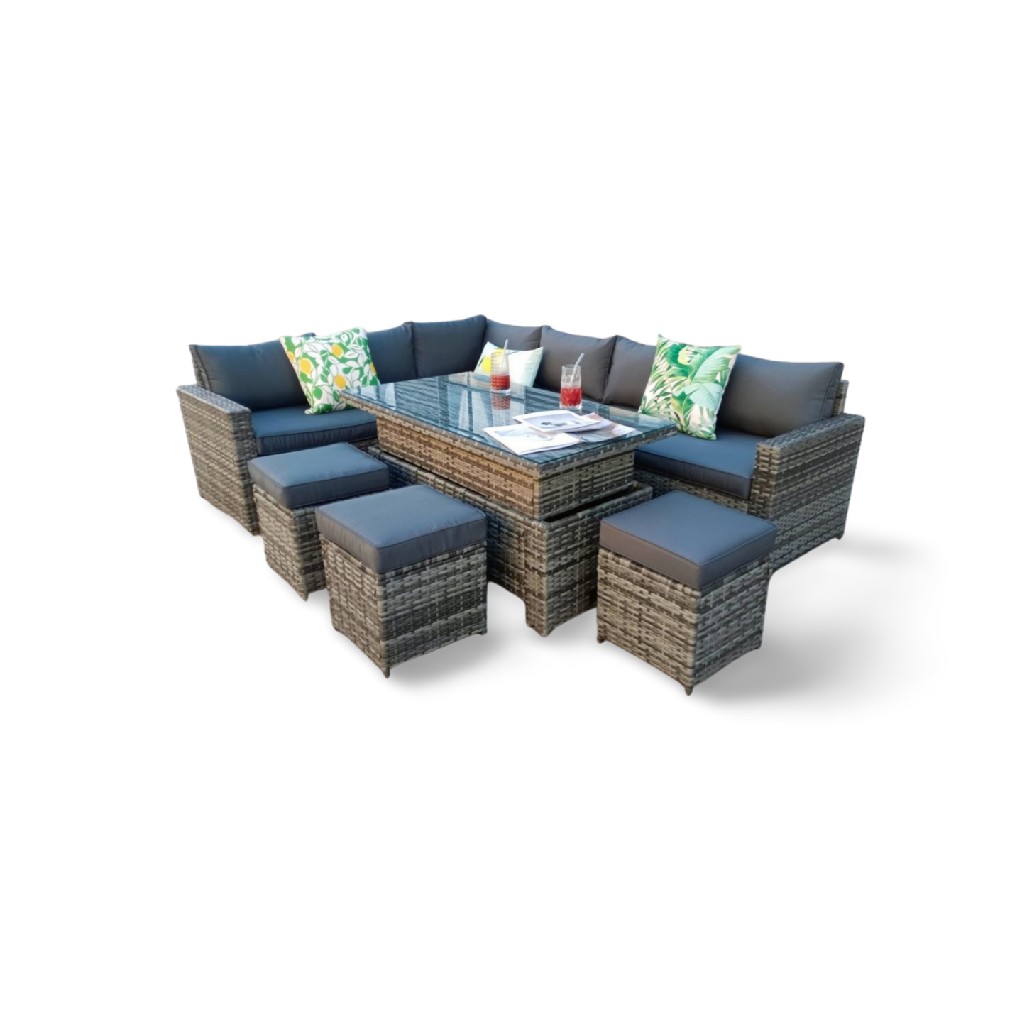 The Tarporley Grey 9 Seat Corner Rattan Dining Set - Rising Table