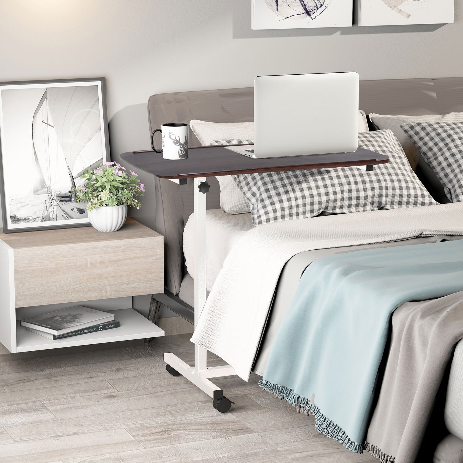 C-shaped Mobile Table Sofa Over Bed Side Nightstand | Brown