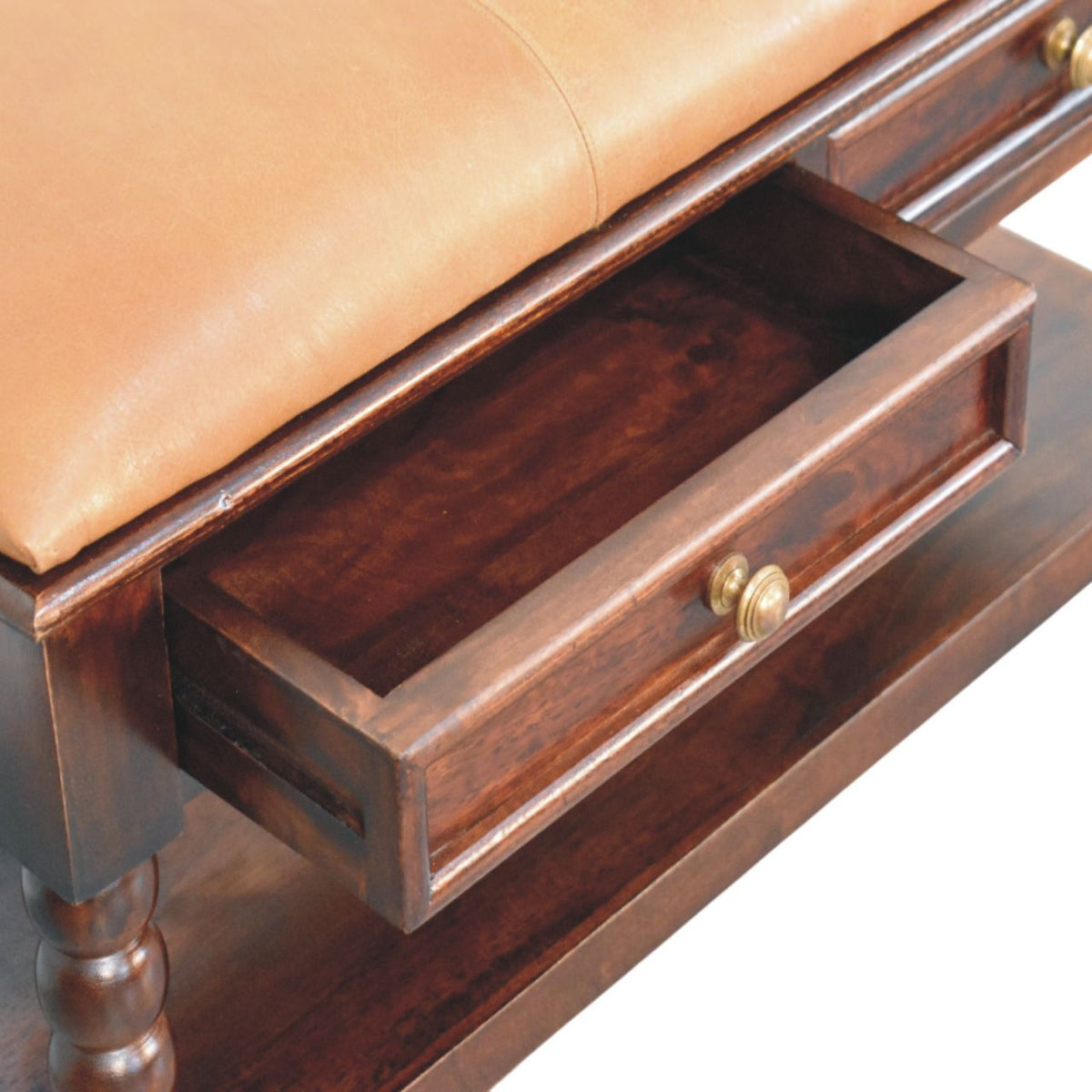 Solid Wood Spindle Winewood Leather Bench