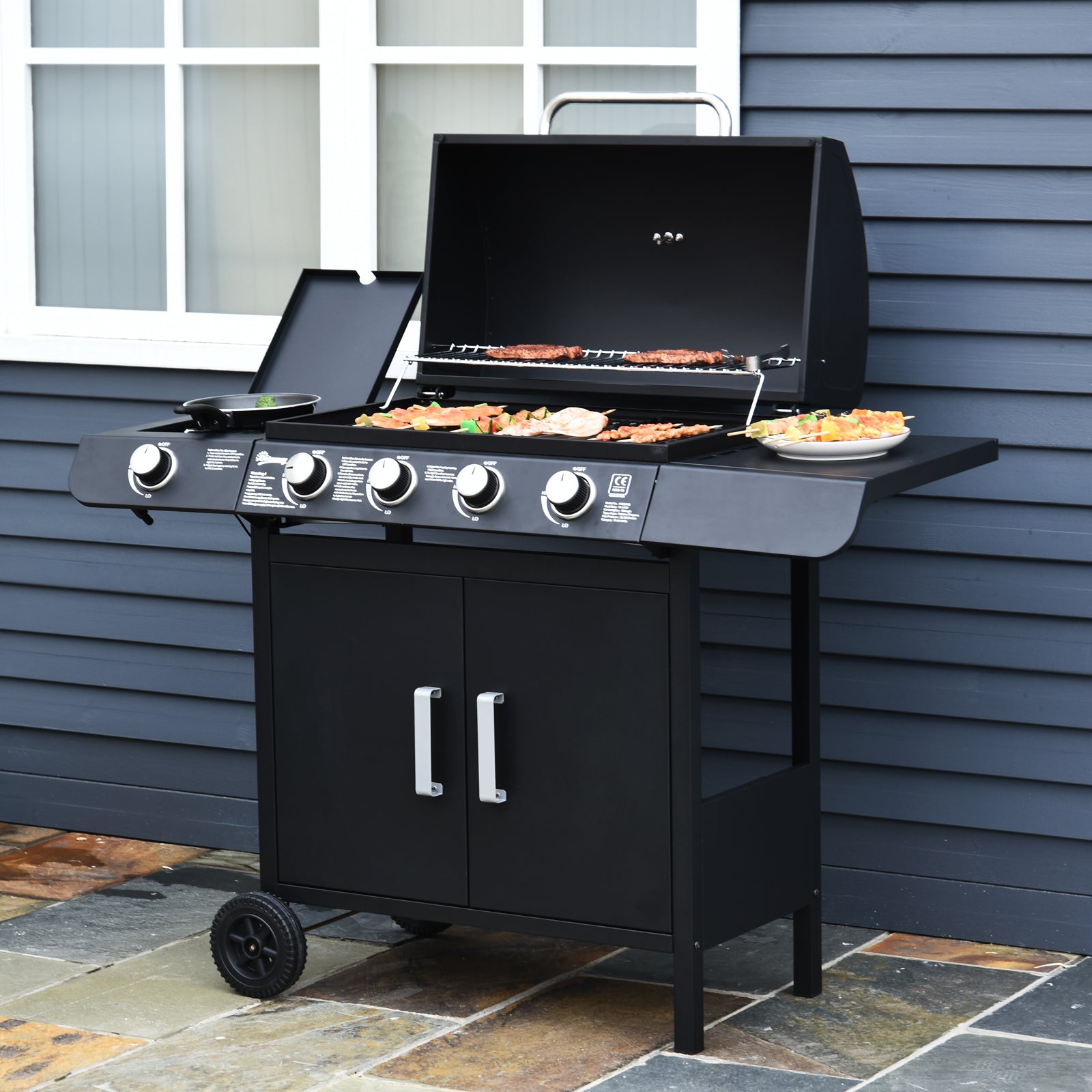 4+1 Gas Burner Grill, Bbq Trolley, Wheels | Black