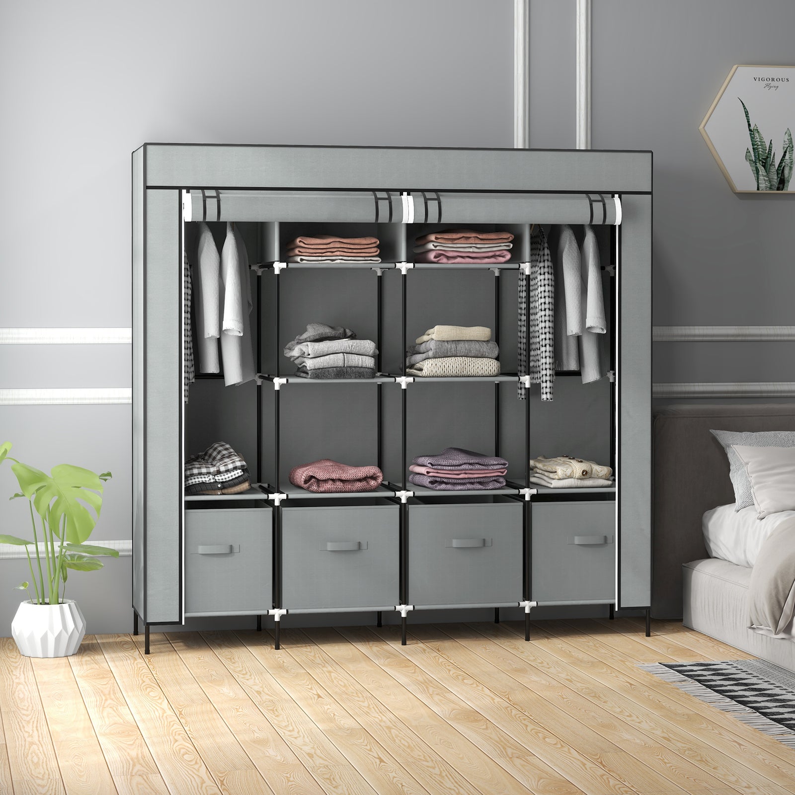 Fabric Wardrobe W/ 12 Shelves 2 Hanging Rails Foldable Closets
