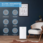 12l/day Digital Dehumidifier - Sleep Mode 24hr Timer Portable Quiet With WiFi & App | One Size | White