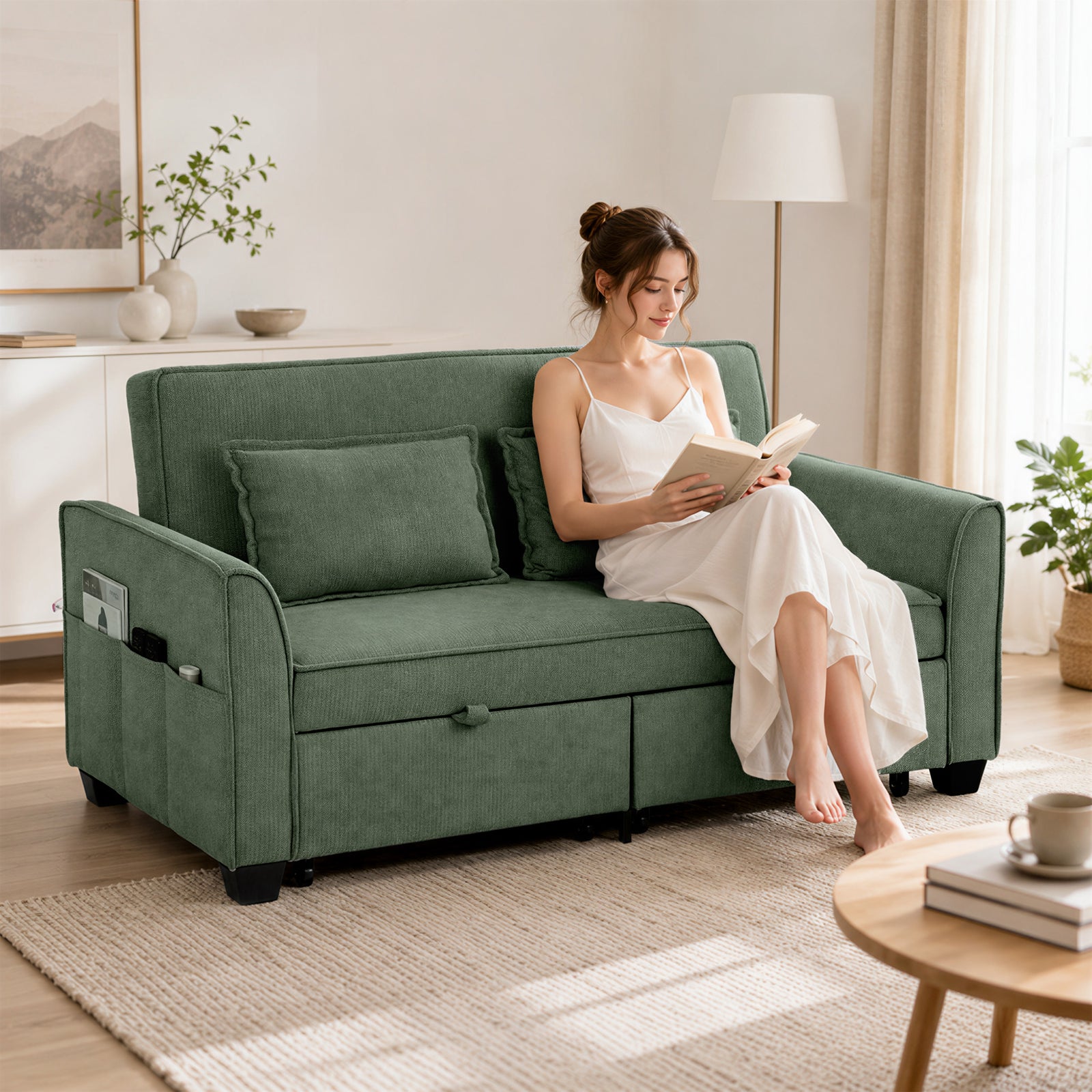 2 Seater Sofa Bed, 4-in-1 Convertible Pull Out Sleeper Sofa | Dark Green