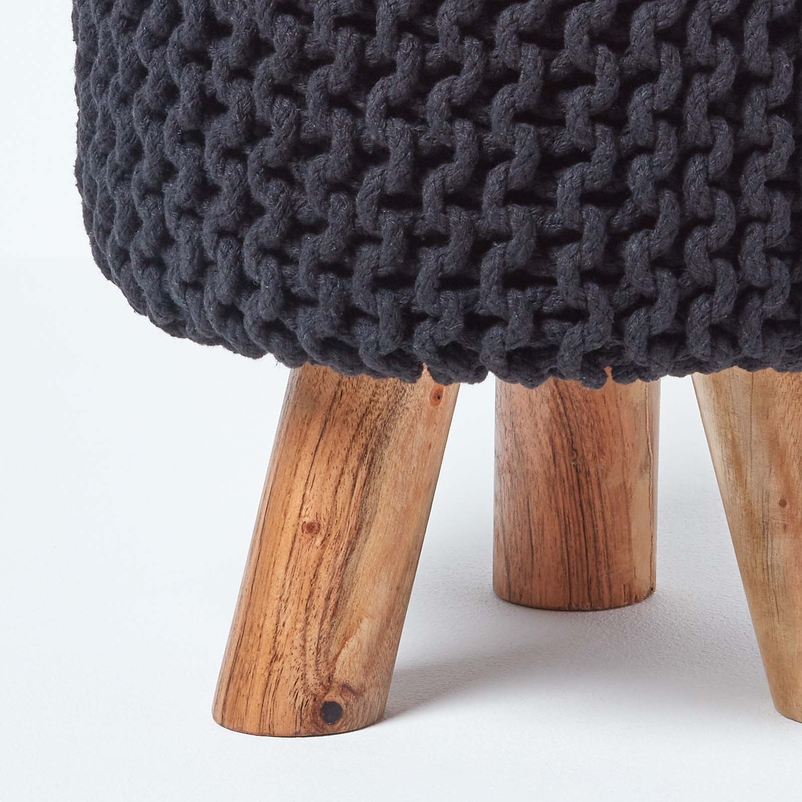 HOMESCAPES Black Tall Cotton Knitted Footstool On Legs