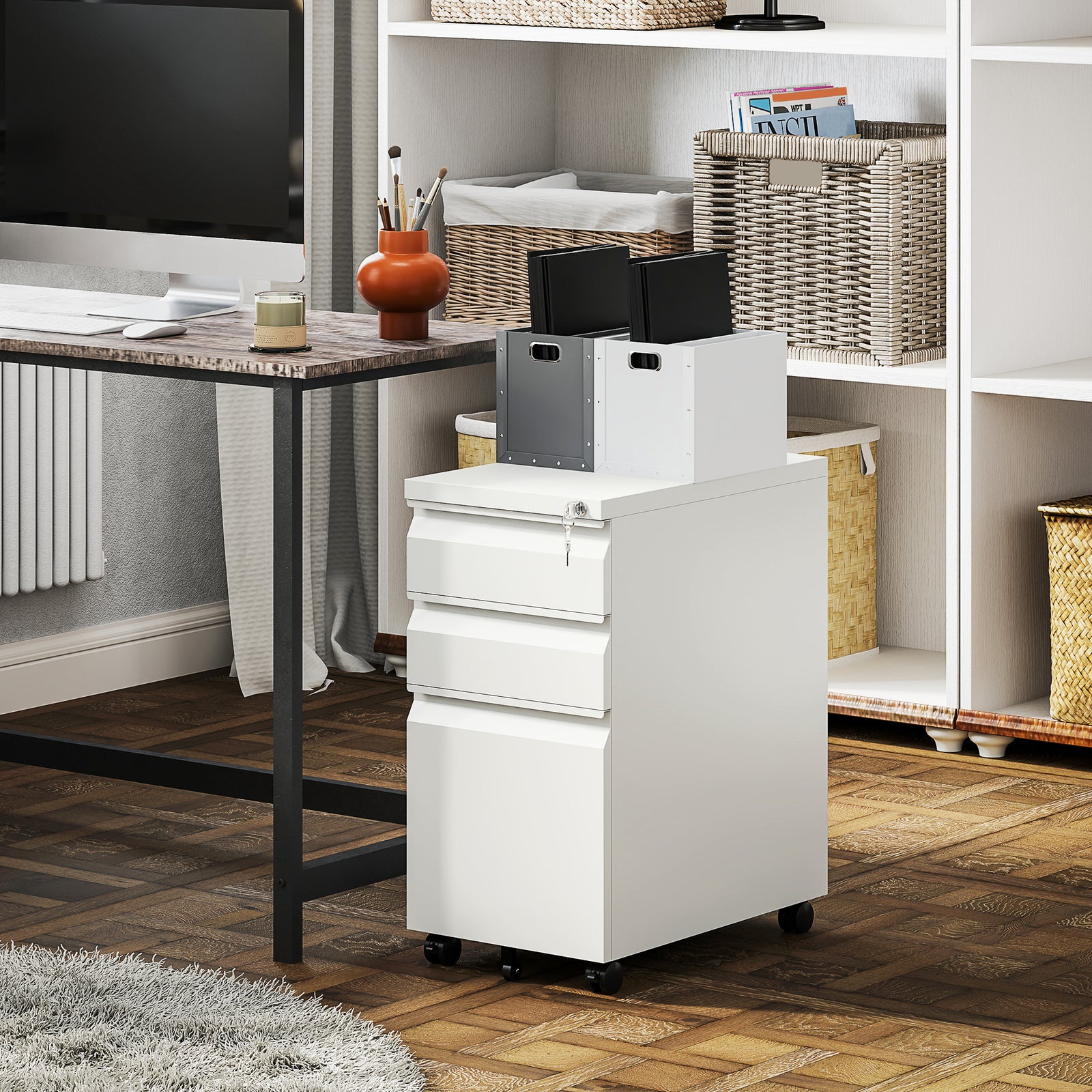 Steel File Cabinet With Lock And Wheels For Home Office | One Size | White