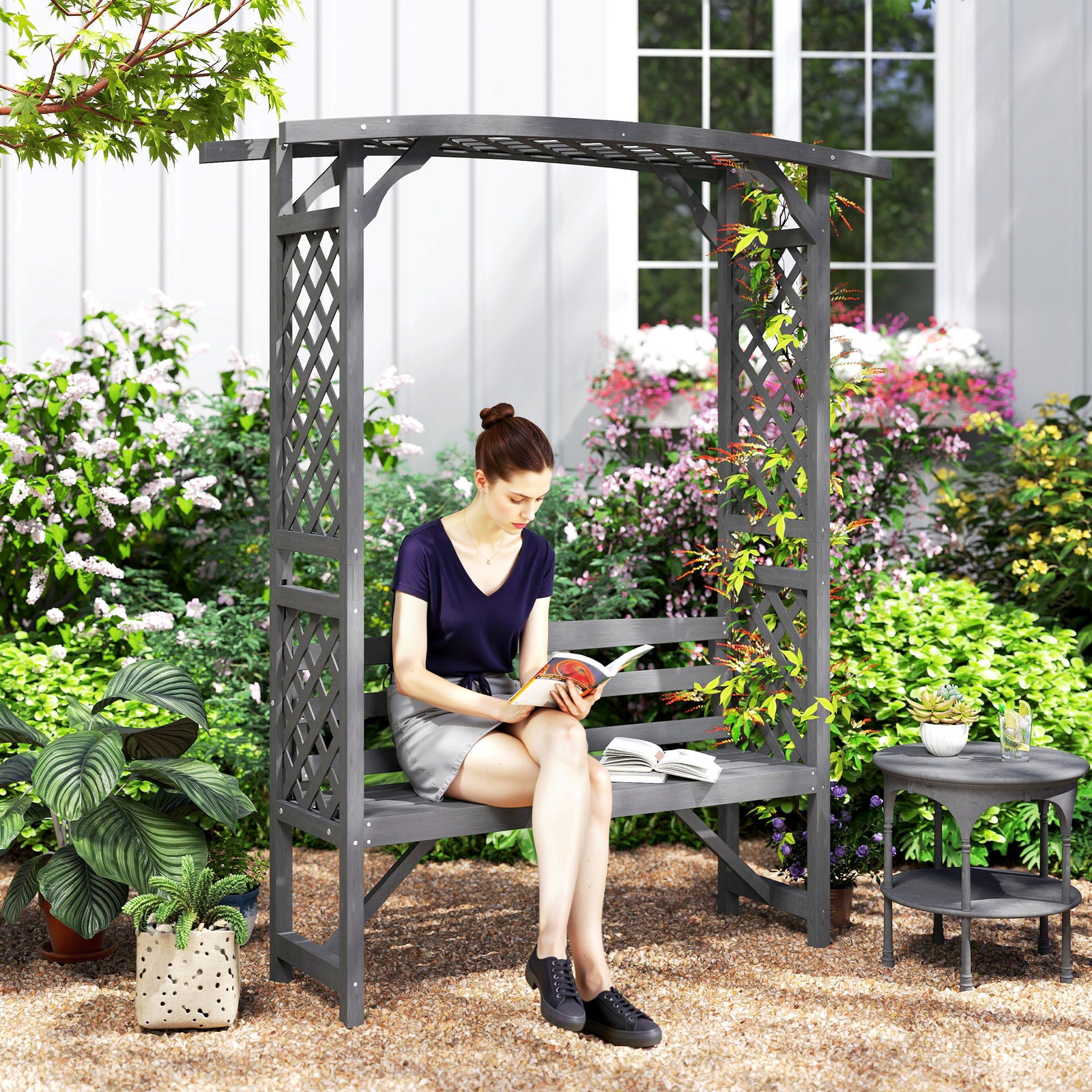 Outsunny Arch Pergola With Seat, Natural Wood, Grey