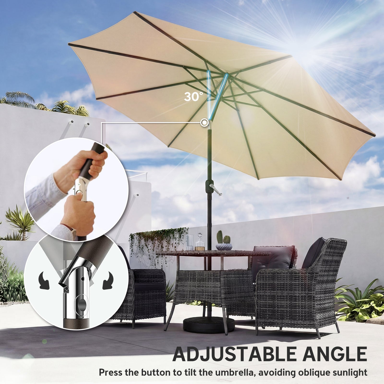 2.7 M Garden Parasol Umbrella With Cross Base, Sandbag | Khaki