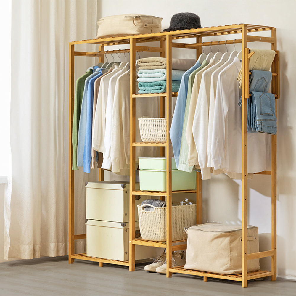 Wooden Garment Rack With Side Hooks Multi-functional Freestanding Clothes Organizer | Large | Natural