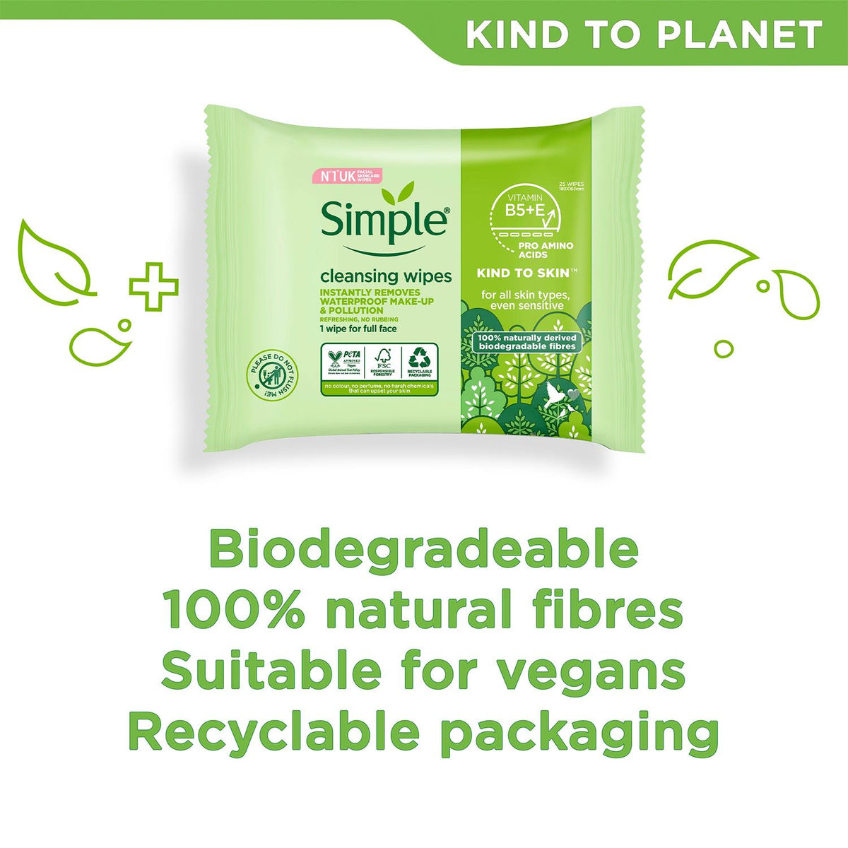 Kind To Skin Double Sided Cleansing Biodegradable Facial Wipes, 25pcs,5pk | Set of 5
